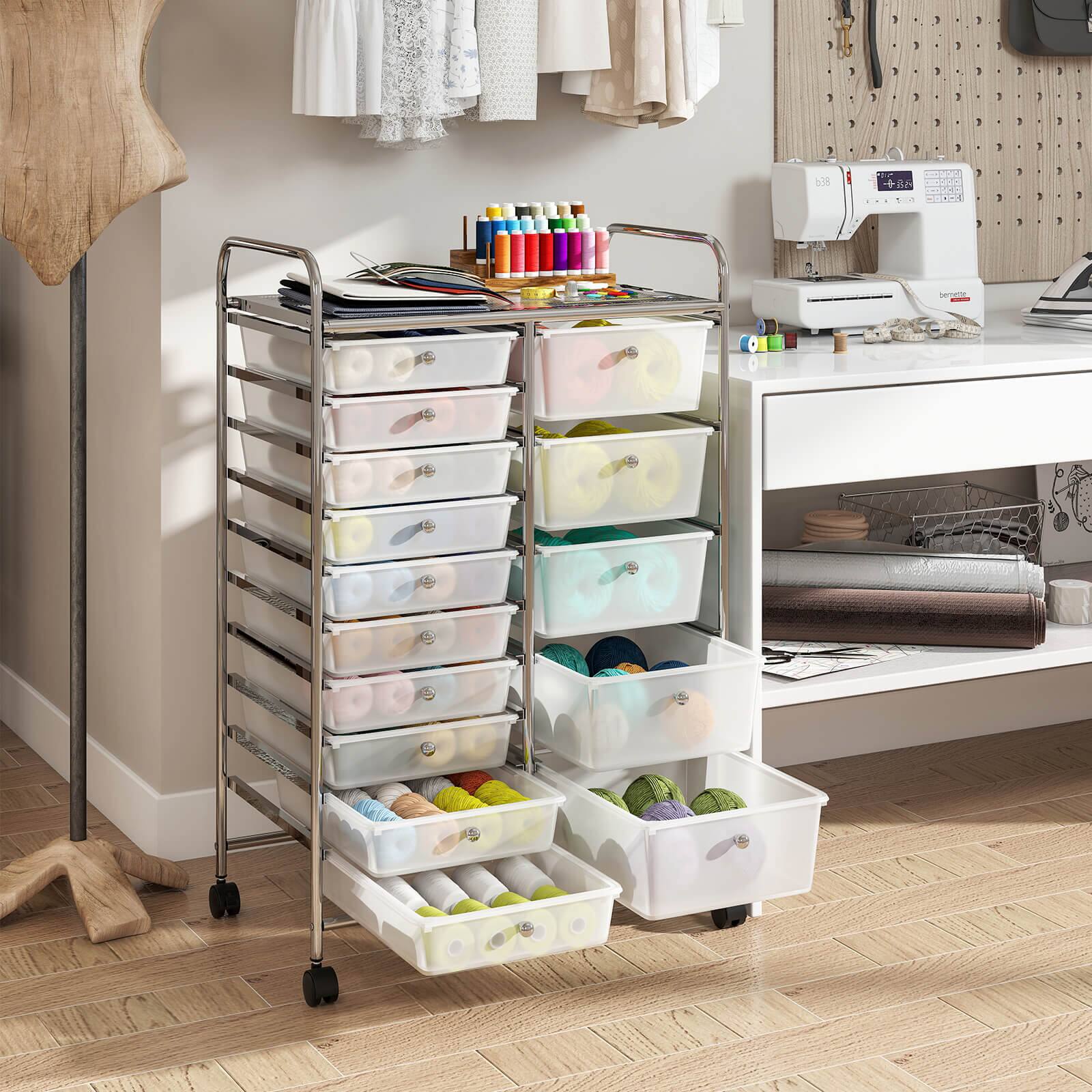 Alt View 3. Costway - Costway 15-Drawer Trolley with Chrome Plated Metal Frame & Lockable Universal Wheels - Clear.