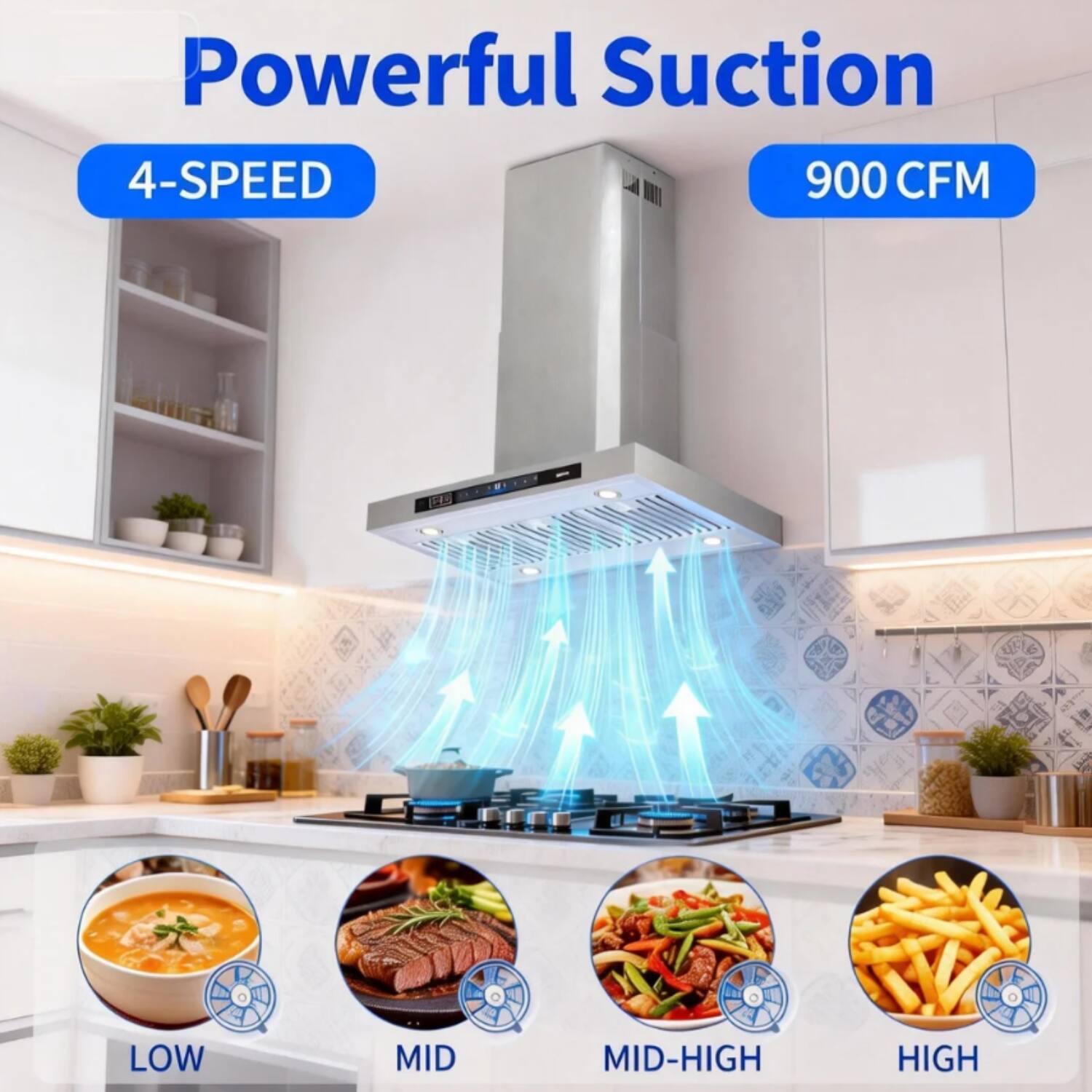 Powerful Suction  
4-SPEED  
900 CFM  

LOW  
MID  
MID-HIGH  
HIGH