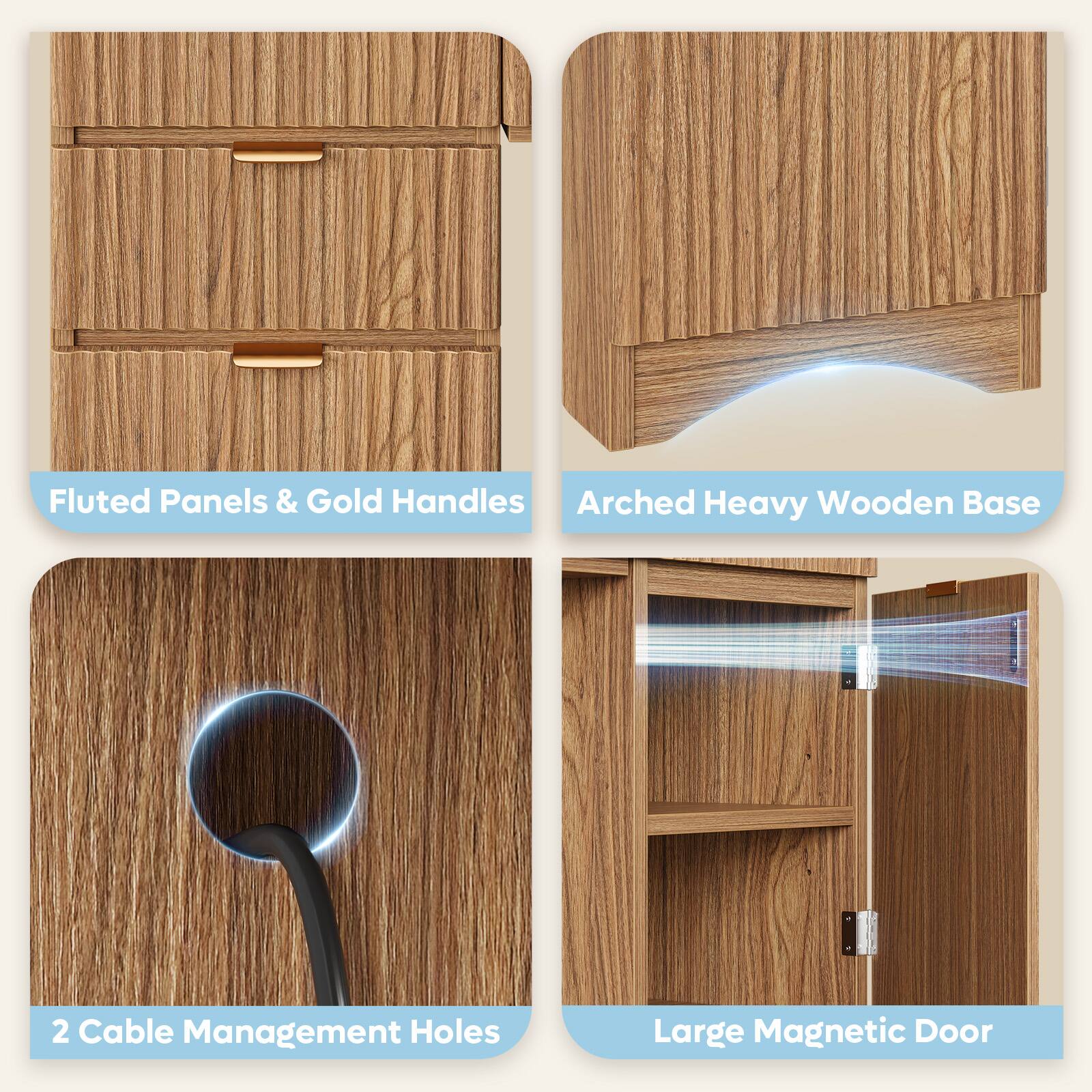 Fluted Panels & Gold Handles  
Arched Heavy Wooden Base  
2 Cable Management Holes  
Large Magnetic Door