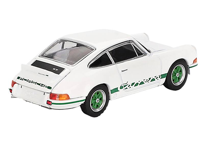 Left. Mini GT - Porsche 911 Carrera RS 2.7 Grand Prix White with Green Stripes and Wheels Limited Edition 1/64 - White, Green.
