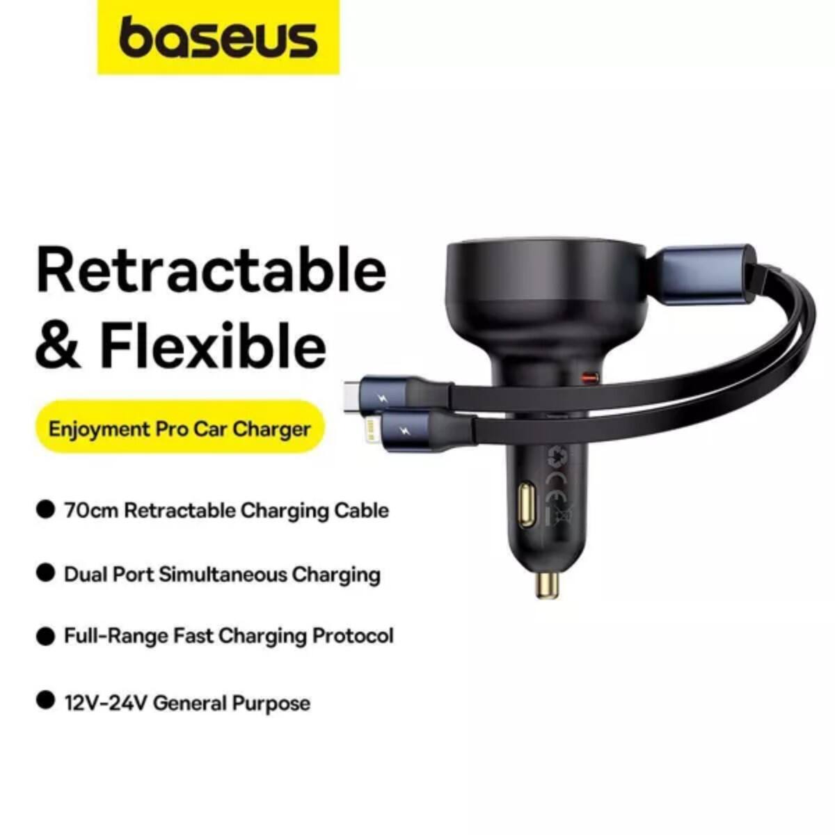 baseus Retractable & Flexible Enjoyment Pro Car Charger 70cm Retractable Charging Cable Dual Port Simultaneous Charging Full-Range Fast Charging Protocol 12V-24V General Purpose