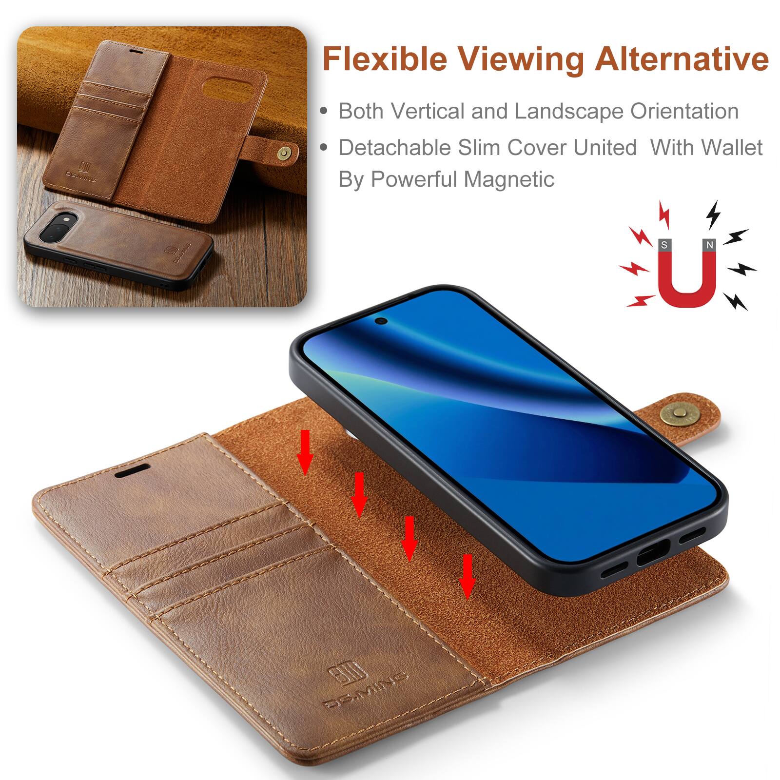 Flexible Viewing Alternative  
Both Vertical and Landscape Orientation  
Detachable Slim Cover United With Wallet By Powerful Magnetic