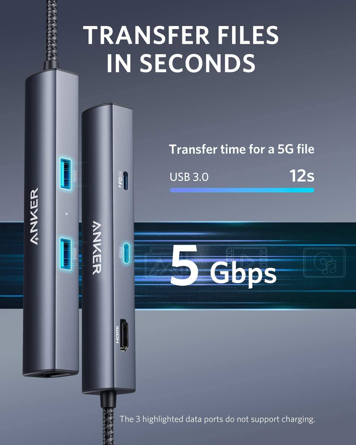 TRANSFER FILES IN SECONDS

Transfer time for a 5G file  
USB 3.0  
12s

5 Gbps

The 3 highlighted data ports do not support charging.