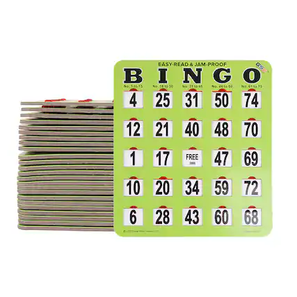 EASY-READ & JAM-PROOF BINGO
B I N G O
No. 1 to 15 No. 16 to 30 No. 31 to 45 No. 46 to 60 No. 61 to 75
4 25 31 50 74
12 21 40 48 70
1 17 FREE 47 69
10 20 34 59 72
6 28 43 60 68
2005 ThreeWins Imports LLC
Made in China