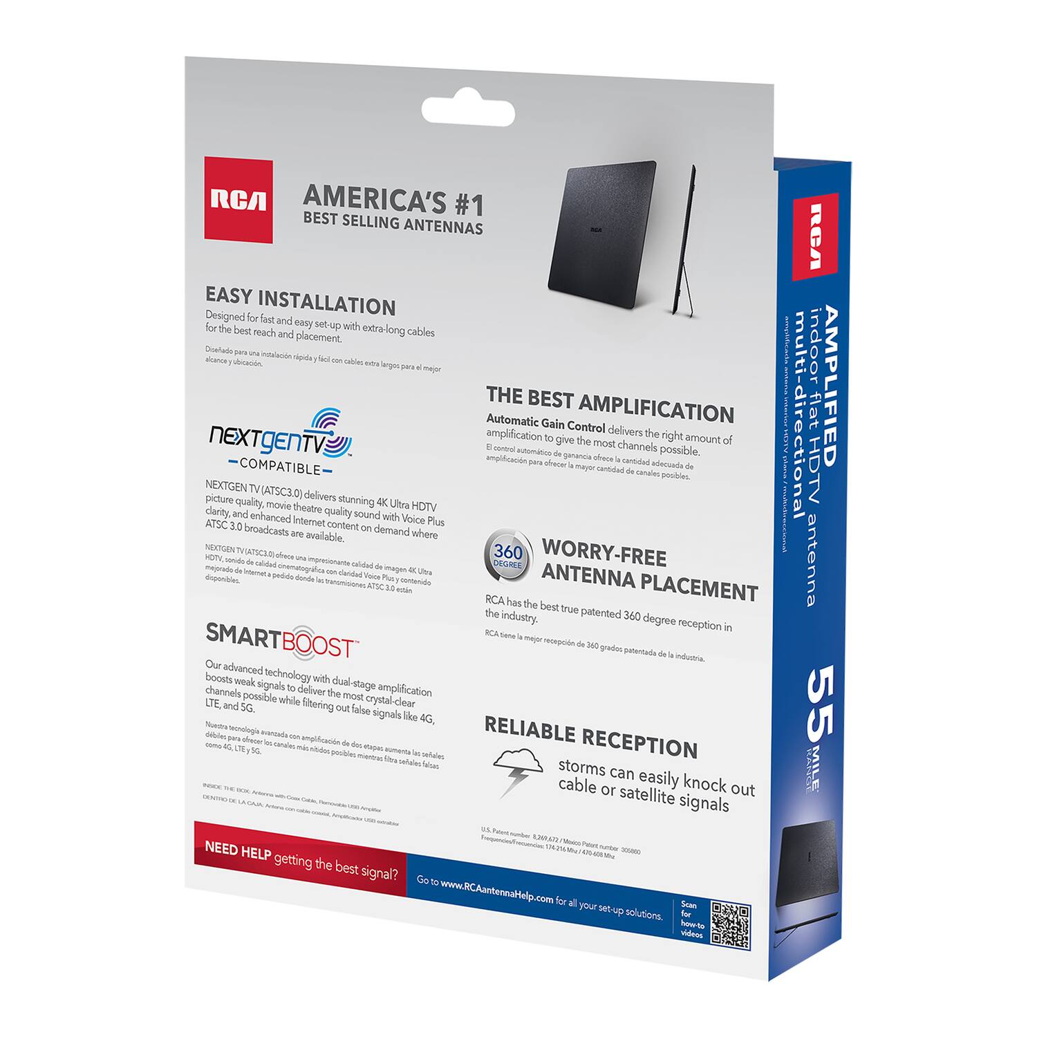 **RCA**

**AMERICA'S #1 BEST SELLING ANTENNAS**

**EASY INSTALLATION**  
Designed for fast and easy set-up with extra-long cables for the best reach and placement.  
Desenfóllate para una instalación rápida y fácil con cables extra largos para una mayor distancia.

**THE BEST AMPLIFICATION**  
Automatic Gain Control delivers the right amount of amplification to give you the most channels possible.  
El control automático de ganancia entrega la cantidad adecuada de amplificación para ofrecer la mayor cantidad de canales posibles.

**WORRY-FREE ANTENNA PLACEMENT**  
RCA has the true patented 360 degree reception in the industry.  
RCA tiene la verdadera recepción de 360 grados patentada en la industria.

**RELIABLE RECEPTION**  
storms can easily knock out cable or satellite signals.  
Las tormentas pueden fácilmente interrumpir los señales de cable o satélite.

**NEXTGEN TV (ATSC3.0) COMPATIBLE**  
NEXTGEN TV (ATSC3.0) delivers stunning 4K Ultra HDTV picture and enhanced quality sound with Voice ATSC 