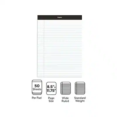 Scaptes
50 Sheets Per Pad
8.5" x 11.75" Page Size
Wide Ruled
Standard Weight