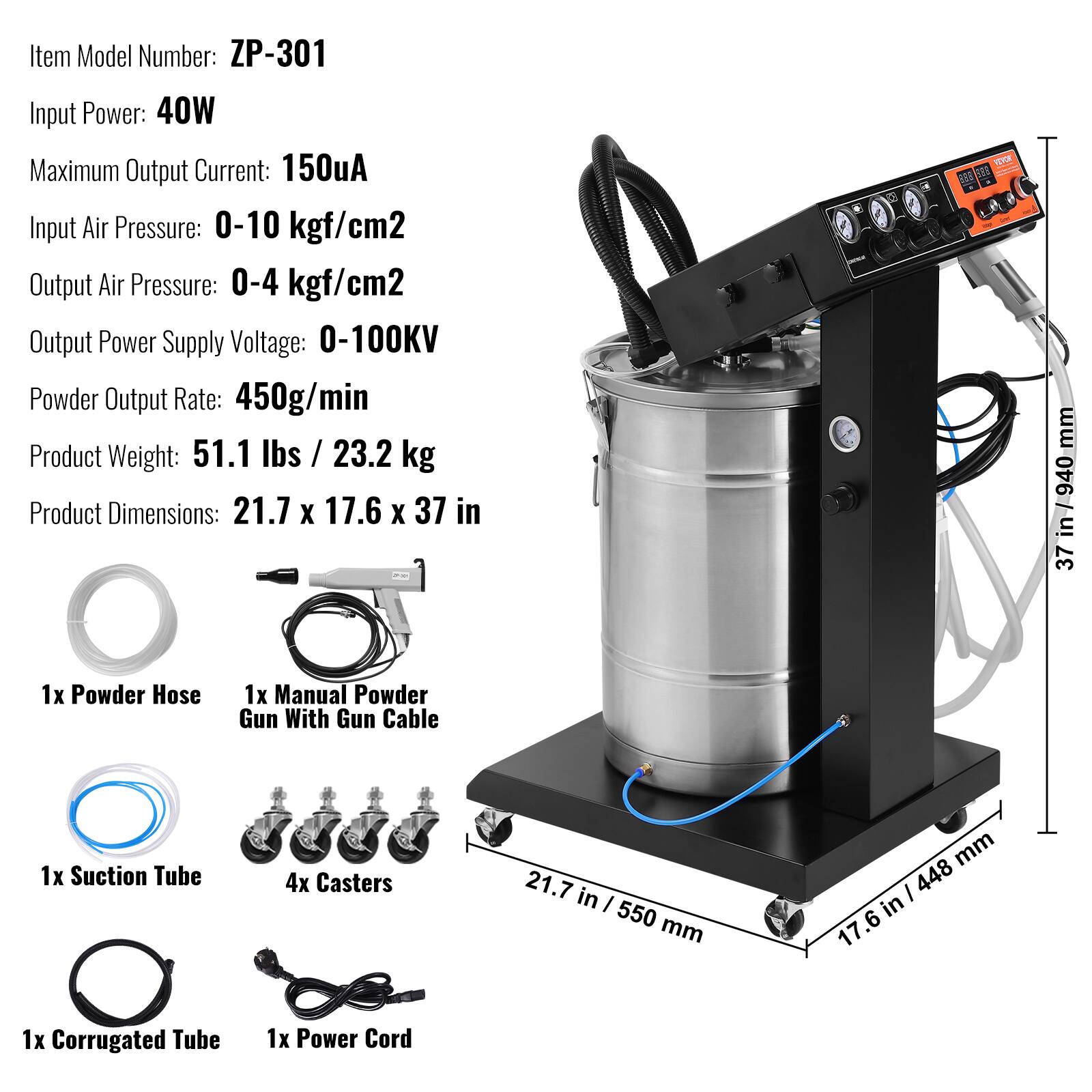 VEVOR Powder Coating System, 40 W 100KV Electrostatic Output Powder ...