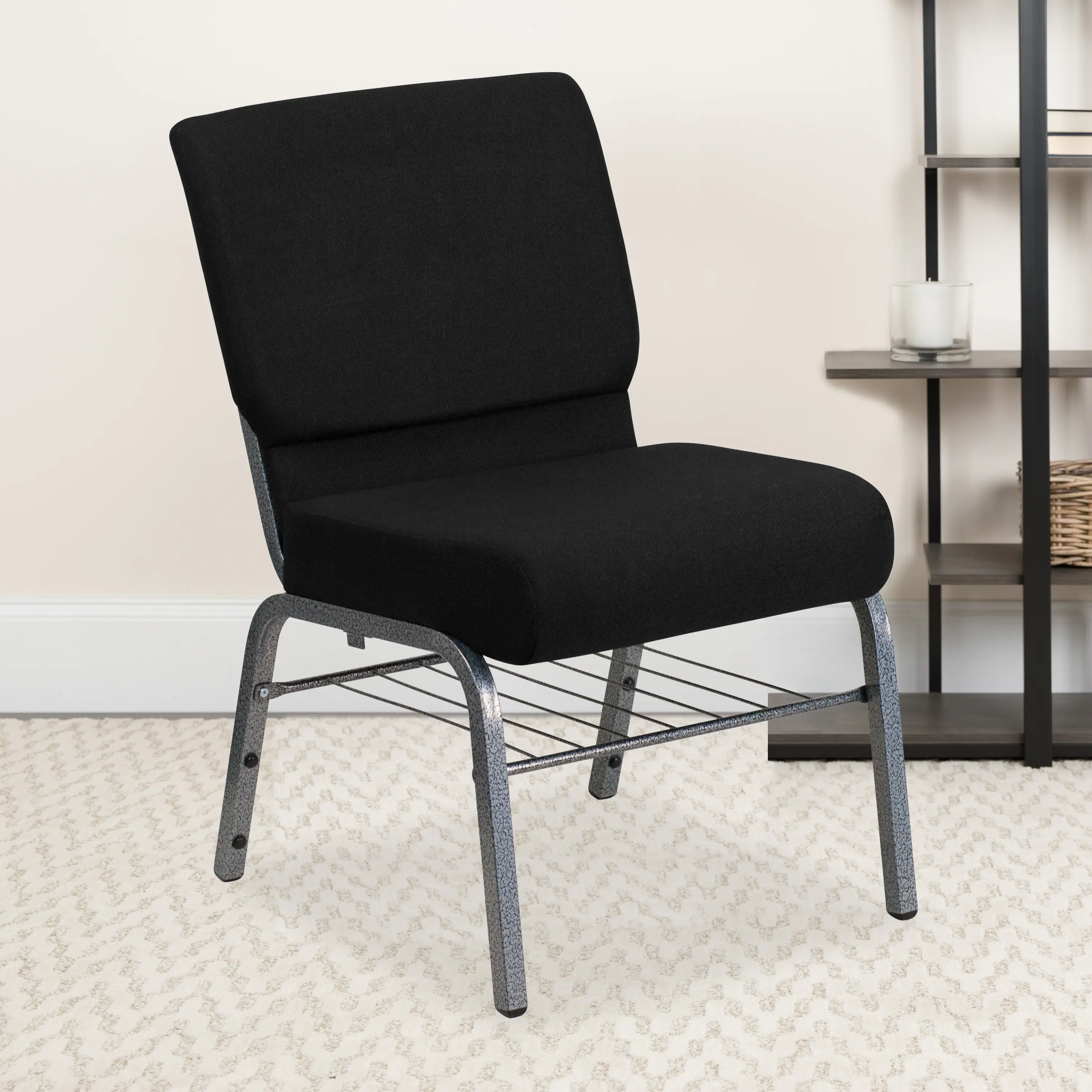 Alt View 1. Emma + Oliver - Auditorium Chair - 21" Seat - Book Rack - Black Fabric/Silver Vein Frame.