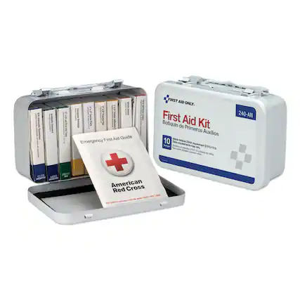 PA FIRST AID ONLY.
I 1 1 I Triangular | - 1 I I I I BIK I Pu First I -o 1 M 1 ! i I Aid 3 nteptc I I FUMA Bandage ! - Puts 2 ! Ahern Botiquin de Kit Cintroant I AME Primeros Auxilios Inselettes f Aid Guide Nests I Emergency First 10 Iedeni State AHDO Parkon Salutace rqurements may qinment . vary SION0.15TD Tequios gRt g - Tdere - v - CE AN5117 RAMRA 4-000 + 12-018 A4000 - MEPTE American Cross Red Lis Vs - ENUTILAS complans - a - i 240-AN
---
FIRST AID ONLY.
First Aid Kit
Botiquín de Primeros Auxilios
10
Weeks fulfill OSHA requirement #1910.151(b).
State requirements may vary.
240-AN
Emergency First Aid Guide
American Red Cross
This guide is compliant with the ANSI/