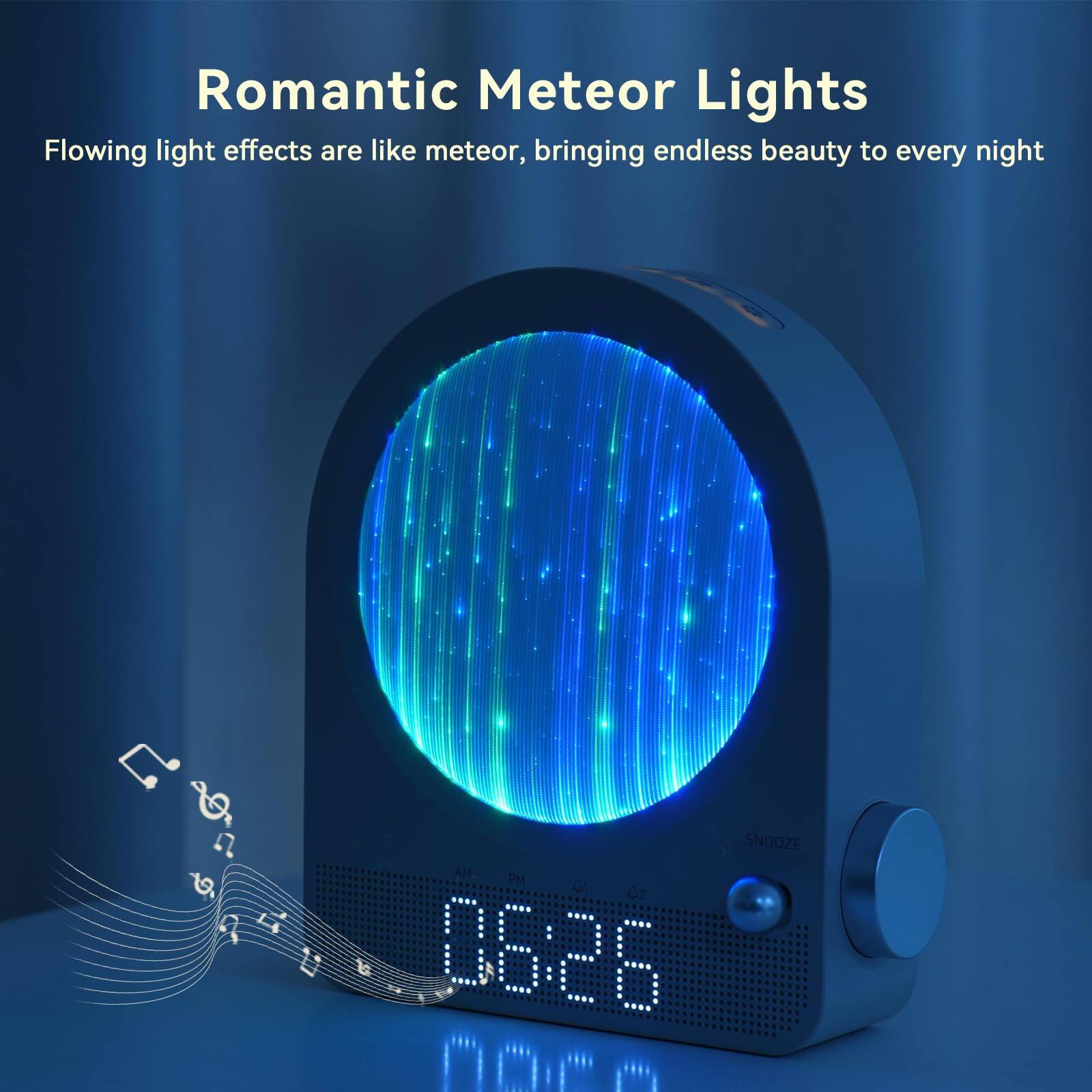 Romantic Meteor Lights  
Flowing light effects are like meteor, bringing endless beauty to every night  

SNOOZE AM PM  
02 0626 00.2