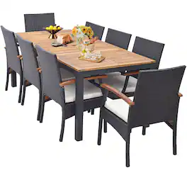 Costway - 9 PCS Patio Rattan Dining Set with Acacia Wood Table, Cushions, 1.9" Umbrella Hole - Mix Brown + Off White