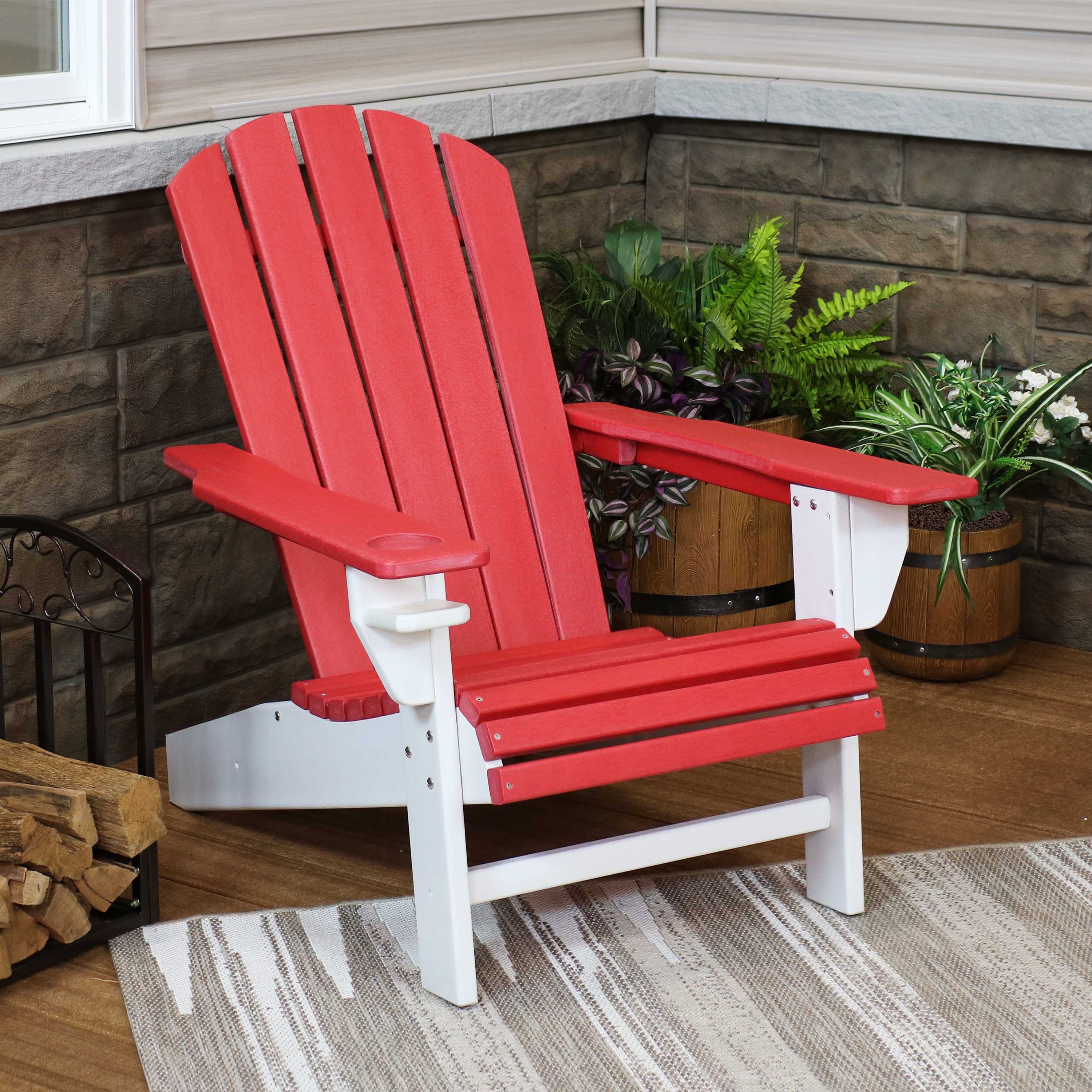 Alt View 2. Sunnydaze - HDPE Adirondack Chair with Drink Holder - Red and White.
