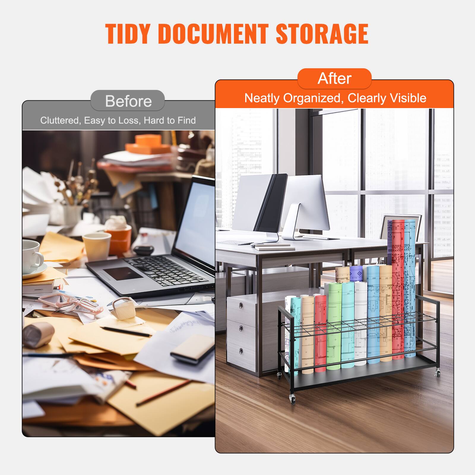 TIDY DOCUMENT STORAGE

Before  
Cluttered, Easy to Lose, Hard to Find

After  
Neatly Organized, Clearly Visible