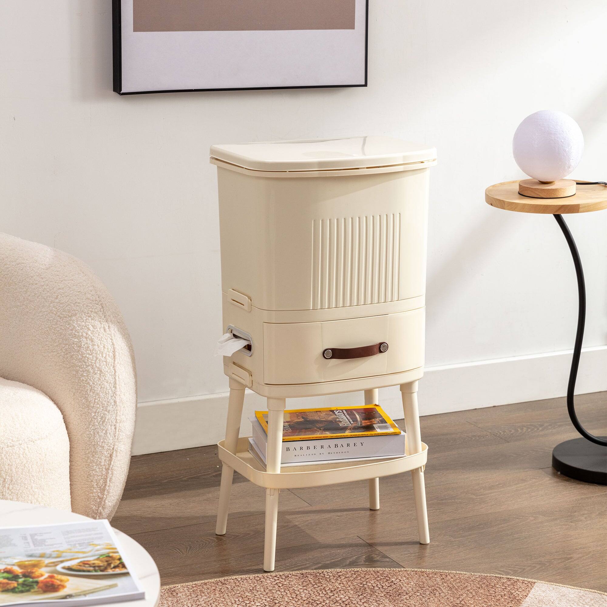 Angle. Vecelo - Kitchen Trash Can with Press-Type Lid - Dual Compartment Pet Proof Garbage Bin, Tissue Holder & Storage Drawer - Beige.