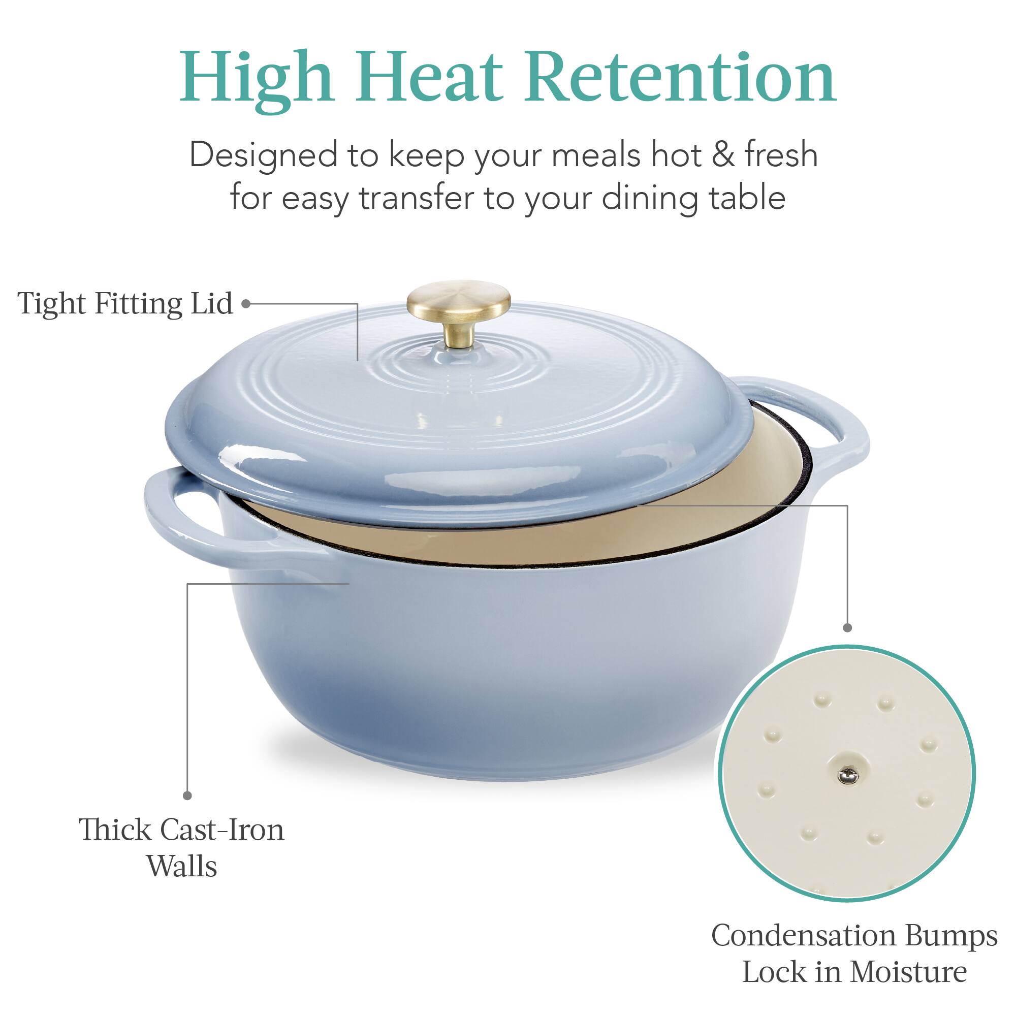 High Heat Retention  
Designed to keep your meals hot & fresh for easy transfer to your dining table  

- Tight Fitting Lid  
- Thick Cast-Iron Walls  
- Condensation Bumps Lock in Moisture