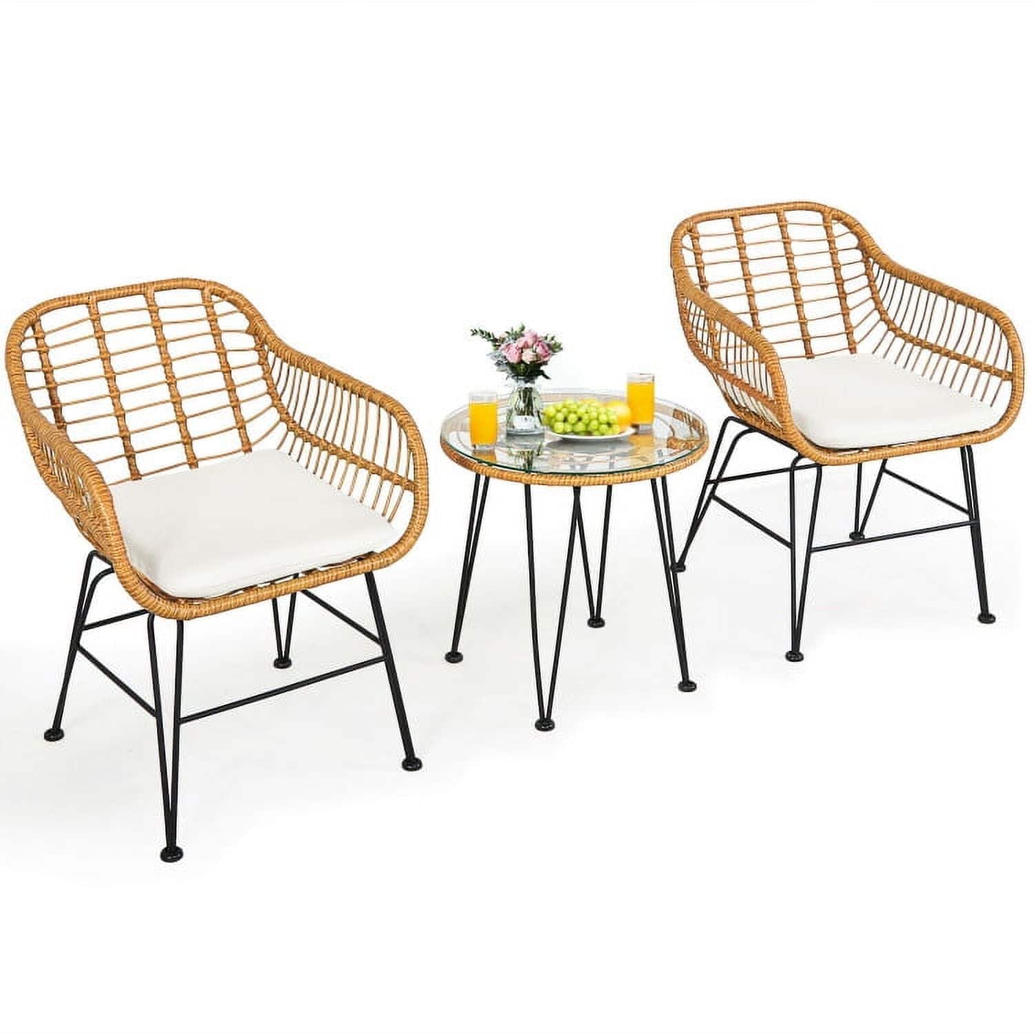 Pefilos - 3 Pieces Rattan Furniture Set, Outdoor Backyard Patio Rattan Conversation Bistro Set with Cushioned Chair Table - White