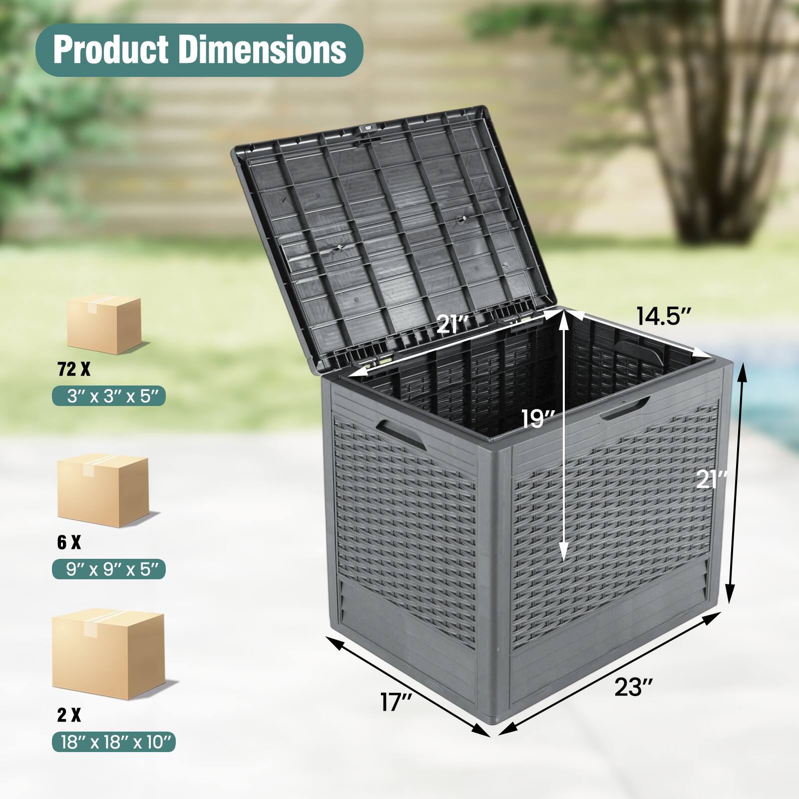 Product Dimensions: 21" x 14.5" x 72"  
- 3" x 3" x 5" (72)  
- 9" x 9" x 5" (6)  
- 18" x 18" x 10" (2)