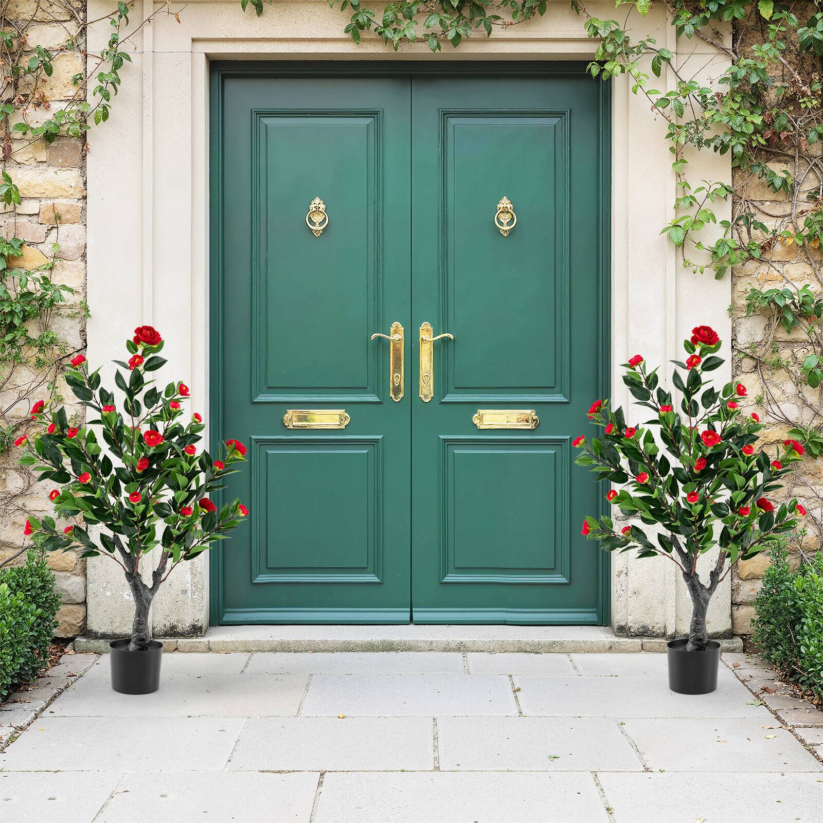 Alt View 1. Costway - Costway 39.5" Artificial Camellia Tree Set of 2 with 36 Red Blossom Fabric Flower for Home - Red+Green.