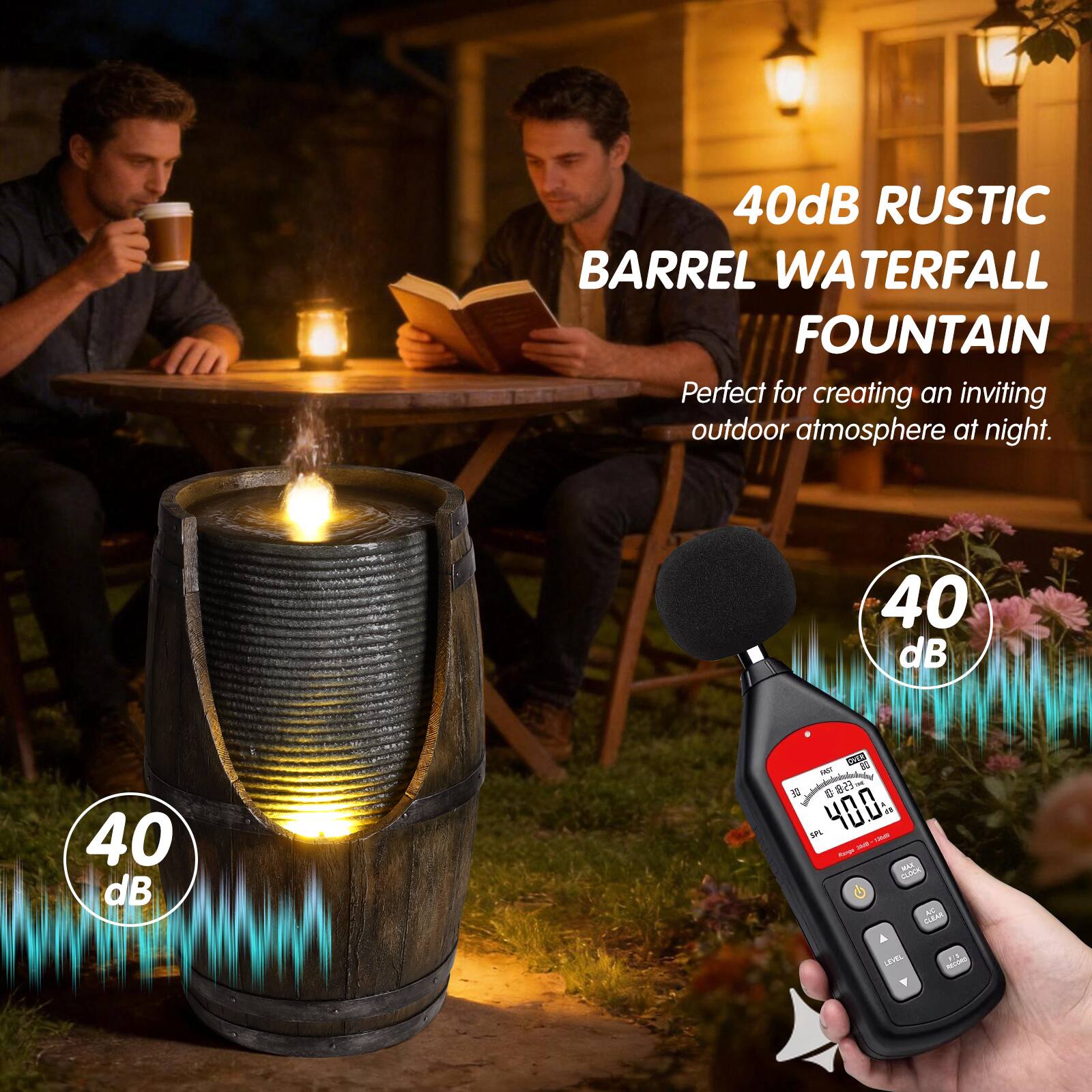 40dB RUSTIC BARREL WATERFALL FOUNTAIN  
Perfect for creating an inviting outdoor atmosphere at night.