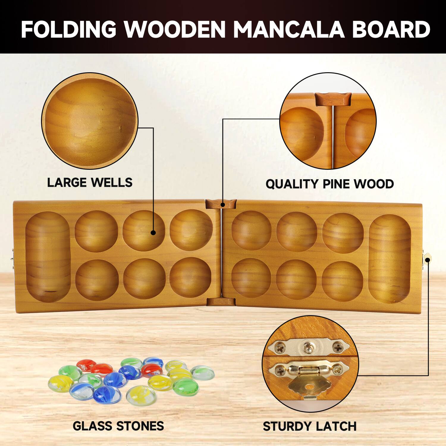FOLDING WOODEN MANCALA BOARD
LARGE WELLS
QUALITY PINE WOOD
GLASS STONES
STURDY LATCH