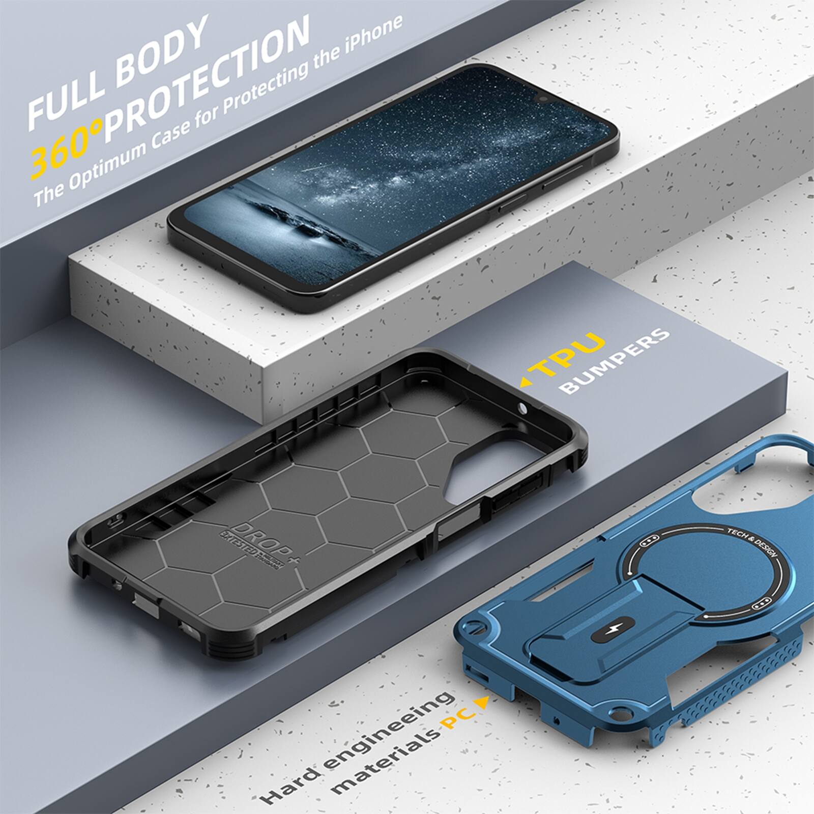 FULL BODY 360° PROTECTION  
The Optimum Case for Protecting the iPhone  

TPU BUMPERS  

Hard engineering materials PC  

DROP TESTER  

TECH DESIGN