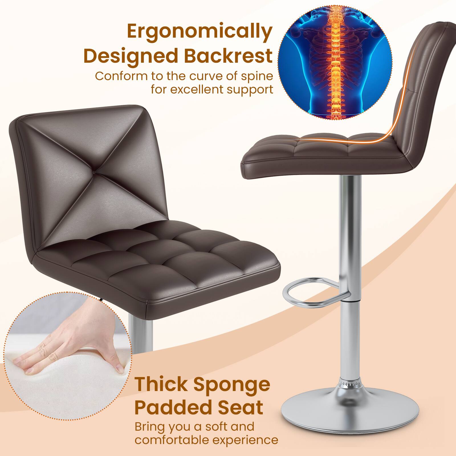 Ergonomically Designed Backrest  
Conform to the curve of spine for excellent support  

Thick Sponge Padded Seat  
Bring you a soft and comfortable experience