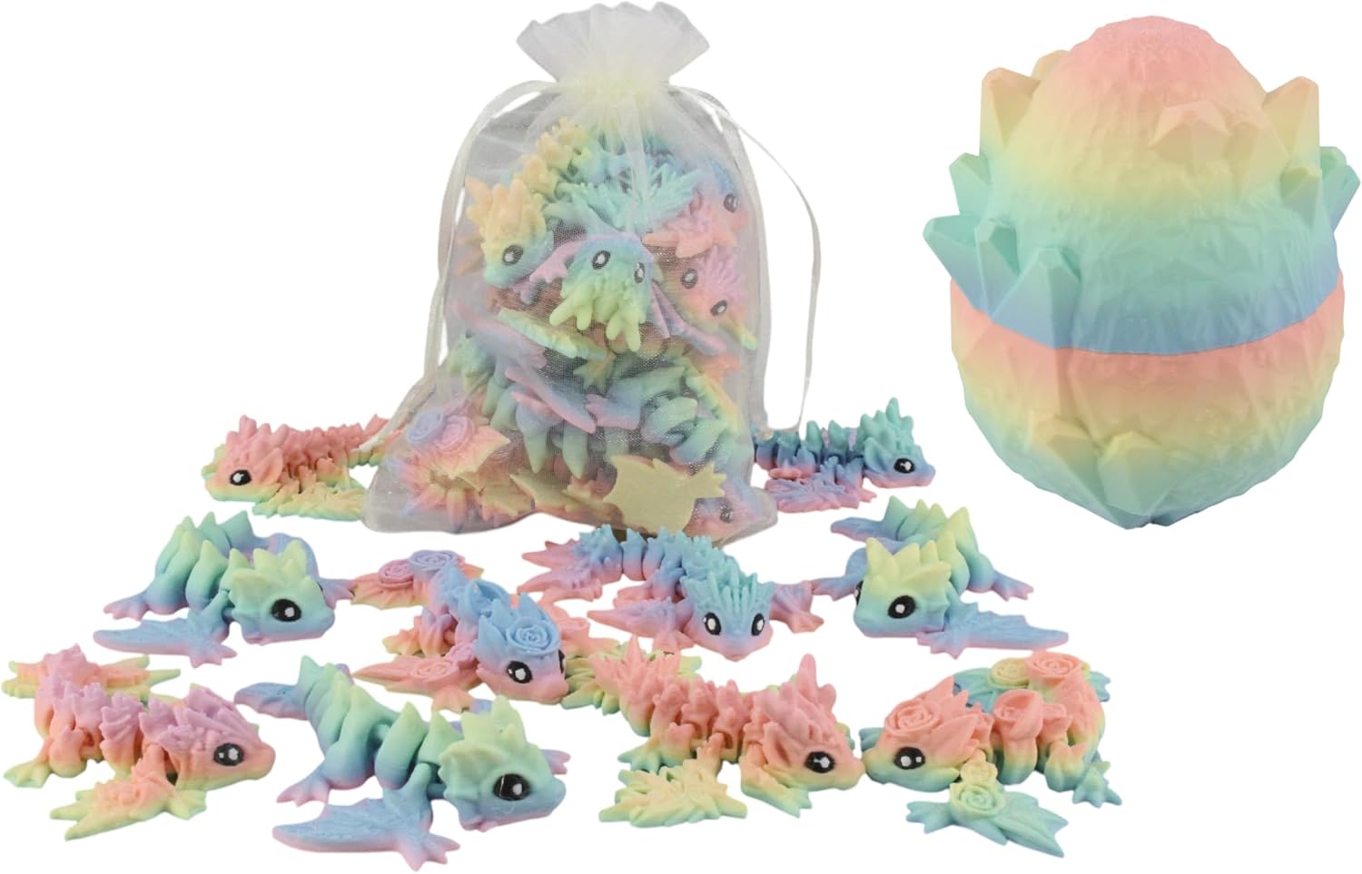 Front. JuzToys - 10 Pack 3D Printed Dragon Baby Wyverns with Egg, Matte Rainbow Articulated 3D Printed Dragon Party Gift Bags by PowerTRC - Multicolored.