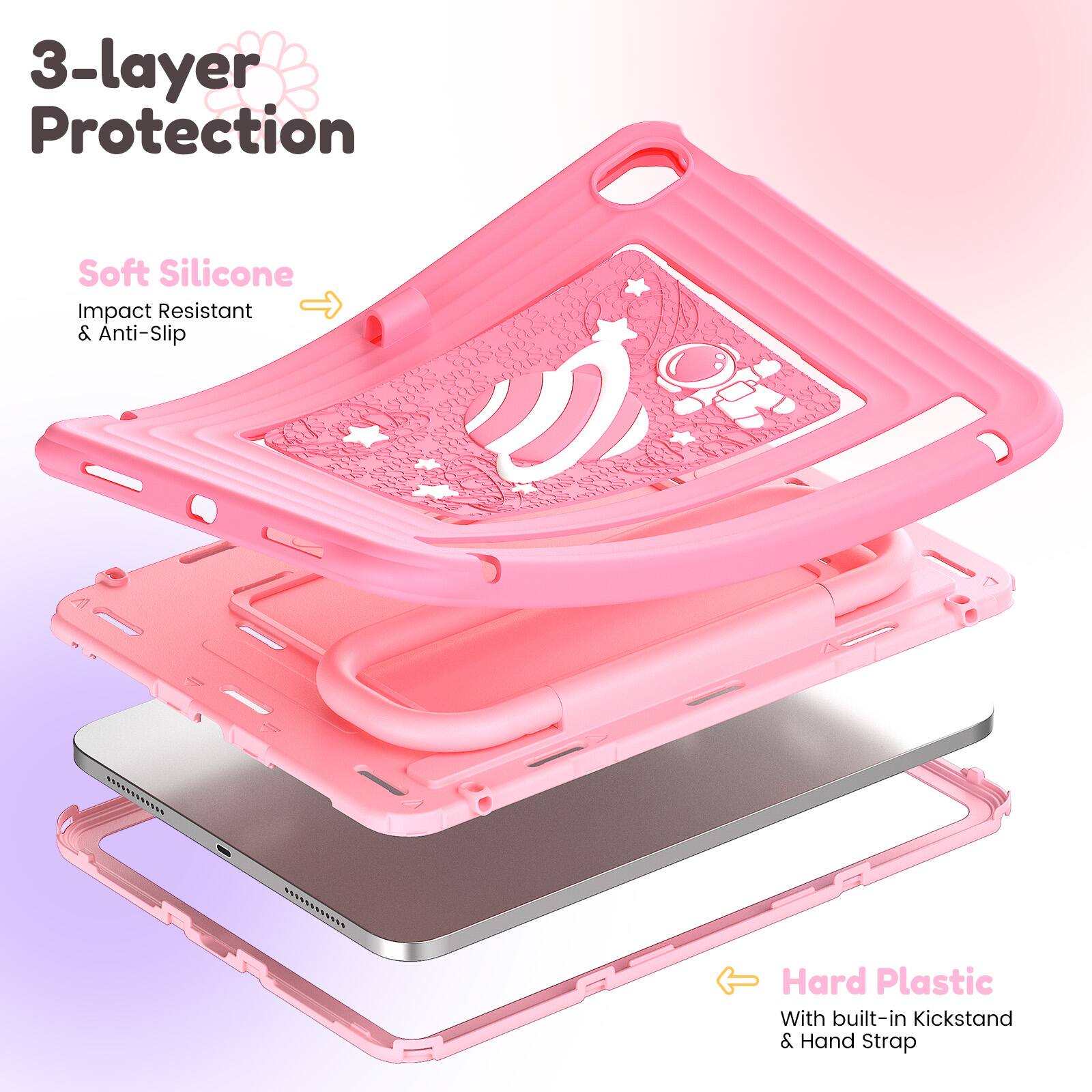 3-layer Protection Soft Silicone Impact Resistant & Anti-Slip. Hard Plastic With built-in Kickstand & Hand Strap