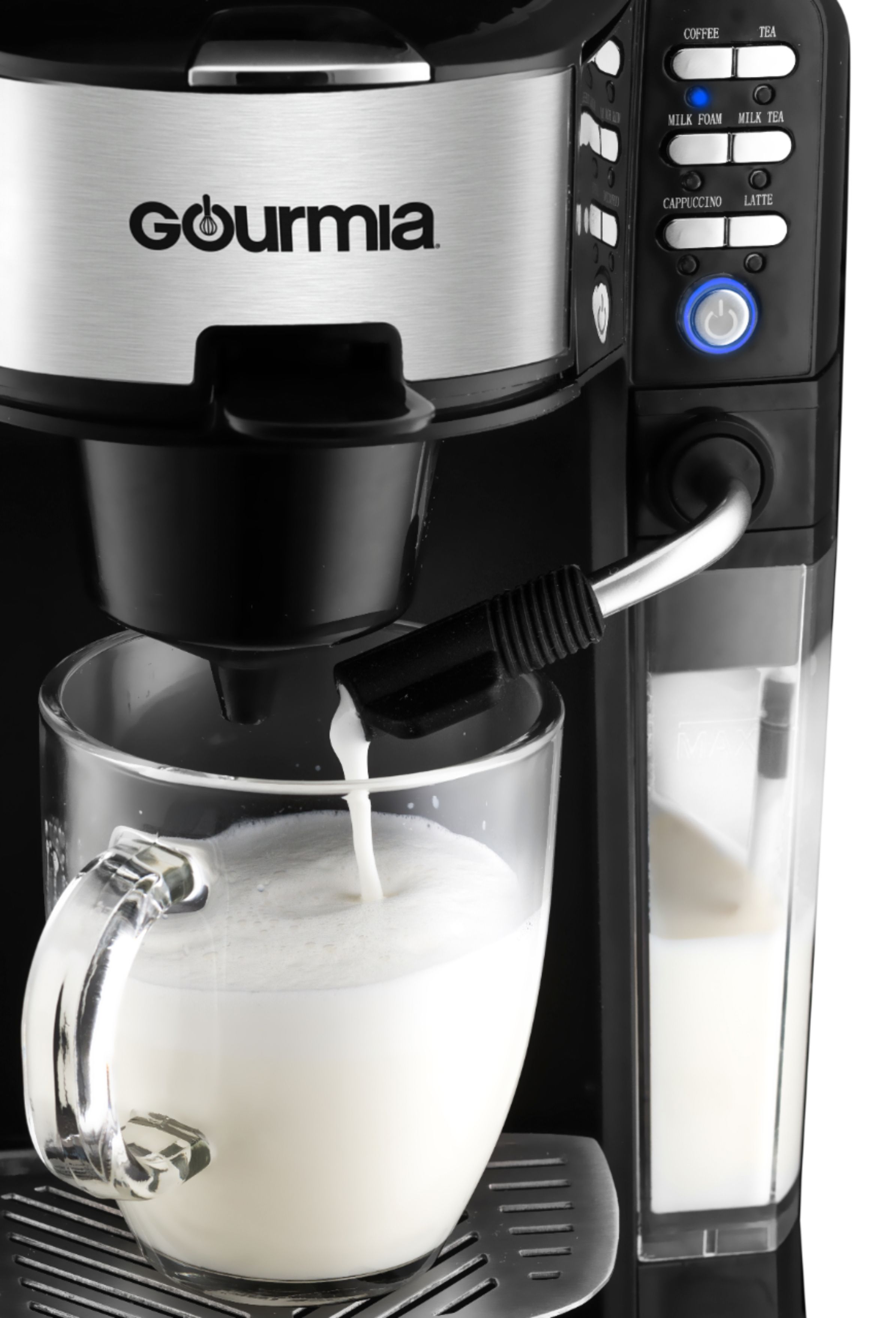 Catalog :: Appliances :: Coffee Makers :: Gourmia - Single Serve K-Cup Pod Coffee  Maker with Built-In Frother - Black/Stainless Steel