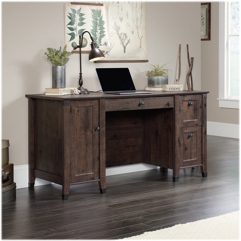 Left. Sauder - Carson Forge Collection Computer Desk - Coffee Oak.
