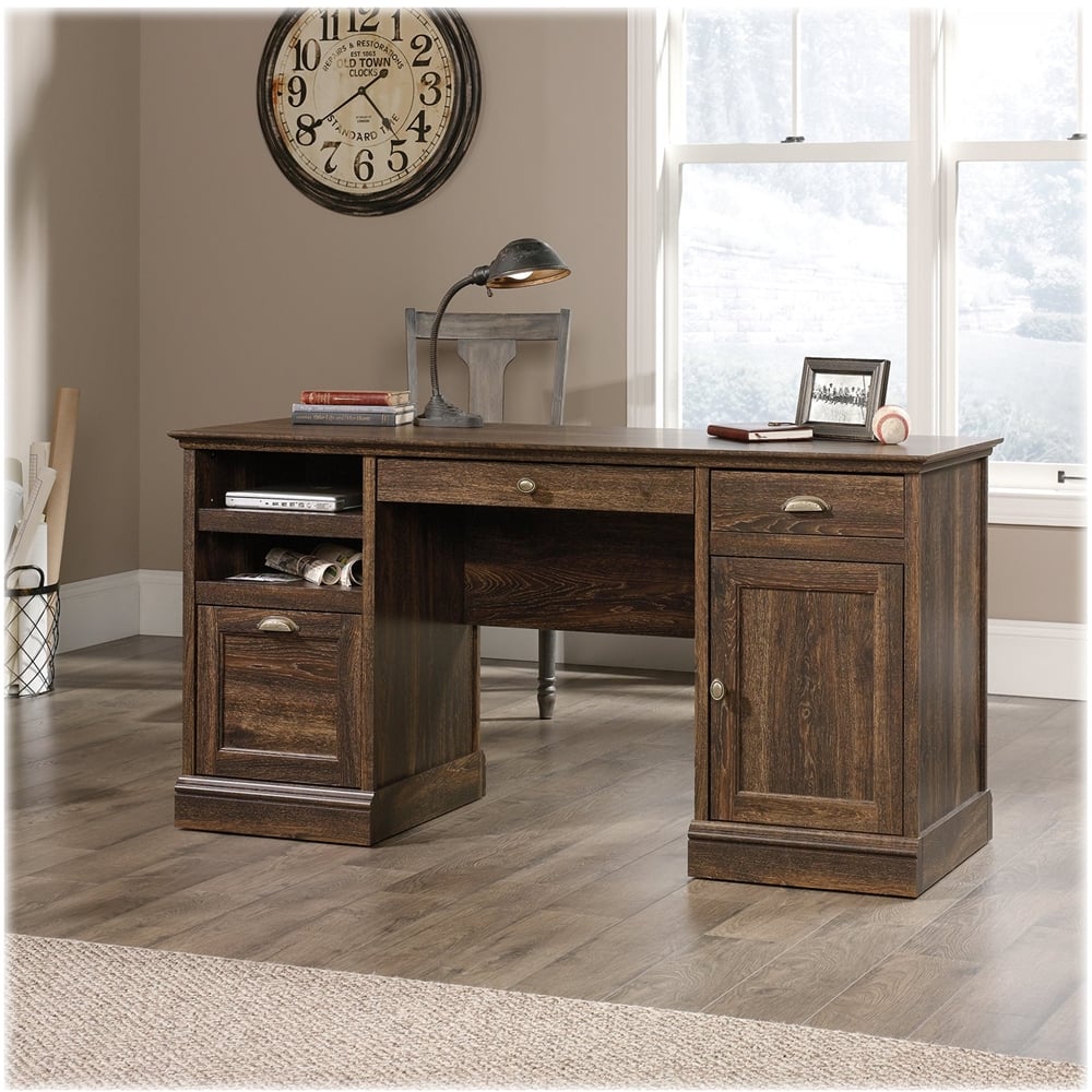 Left View: Sauder - Barrister Lane Collection Pedestal Desk - Iron Oak