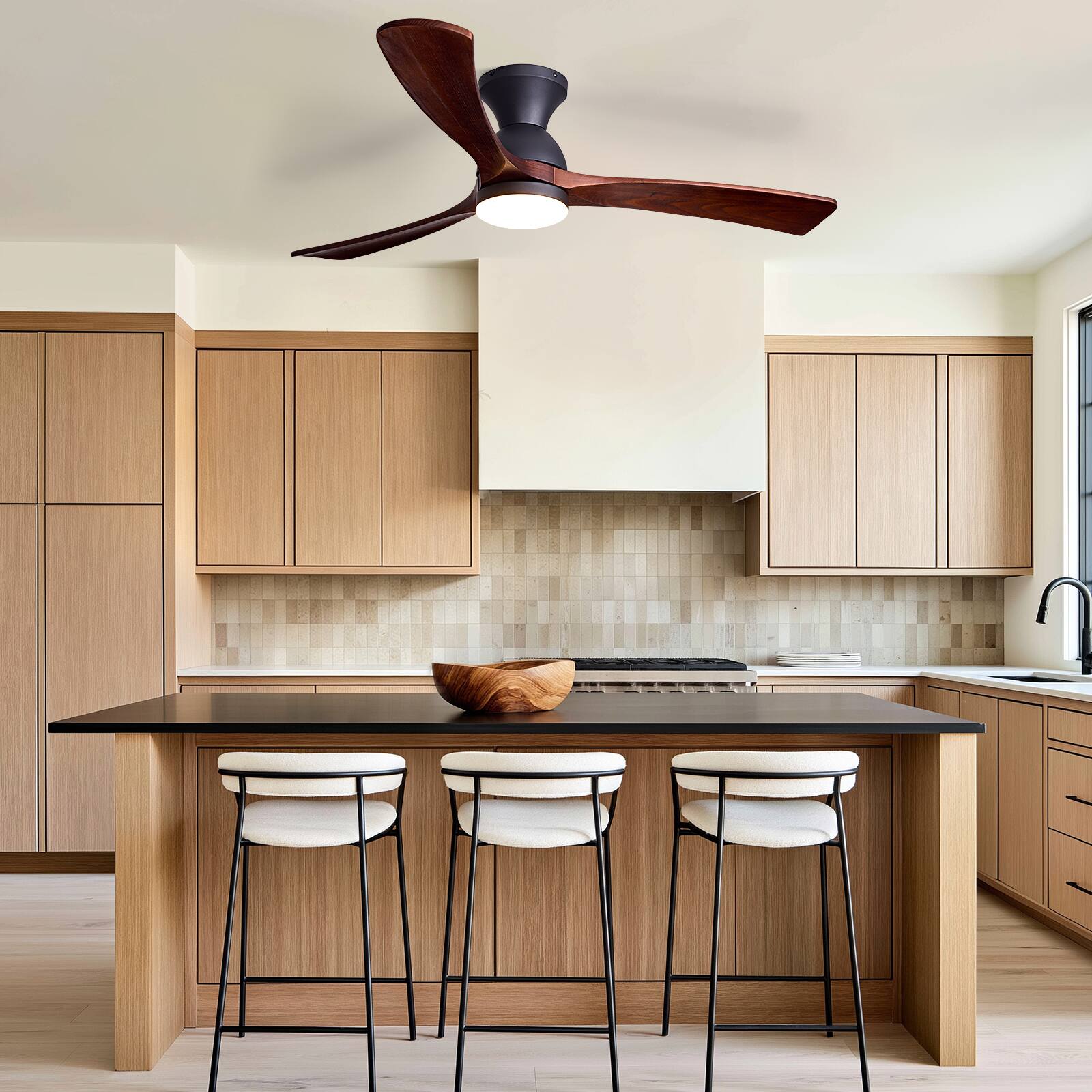 Angle. Siljoy - 52 Inch Black Flush Mount Ceiling Fan with Light Solid Wood Blades with Remote Control for Bedroom Living Room Foyer - Brown.