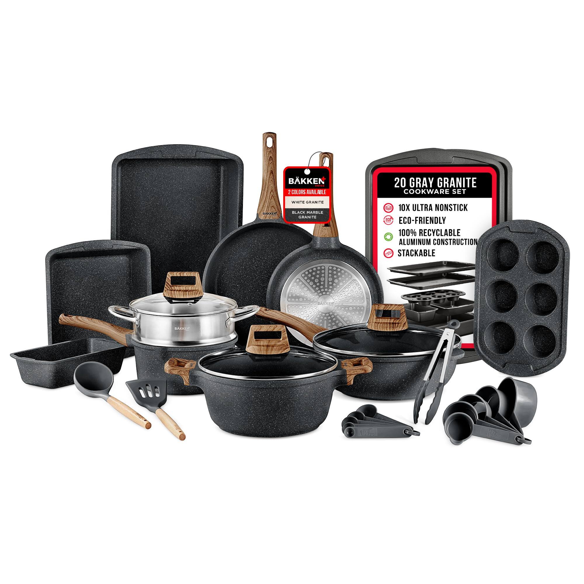 BAKKEN I COLORS MM 20 GRAY GRANITE COOKWARE SET ORI OT GEANTE A. 4 A.C .  2 10X ULTRA NONSTICK 1 ECO-FRIENDLY 100% RECYCLABLE ALUMINUM CONSTRUCTION d STACKABLE AE 1