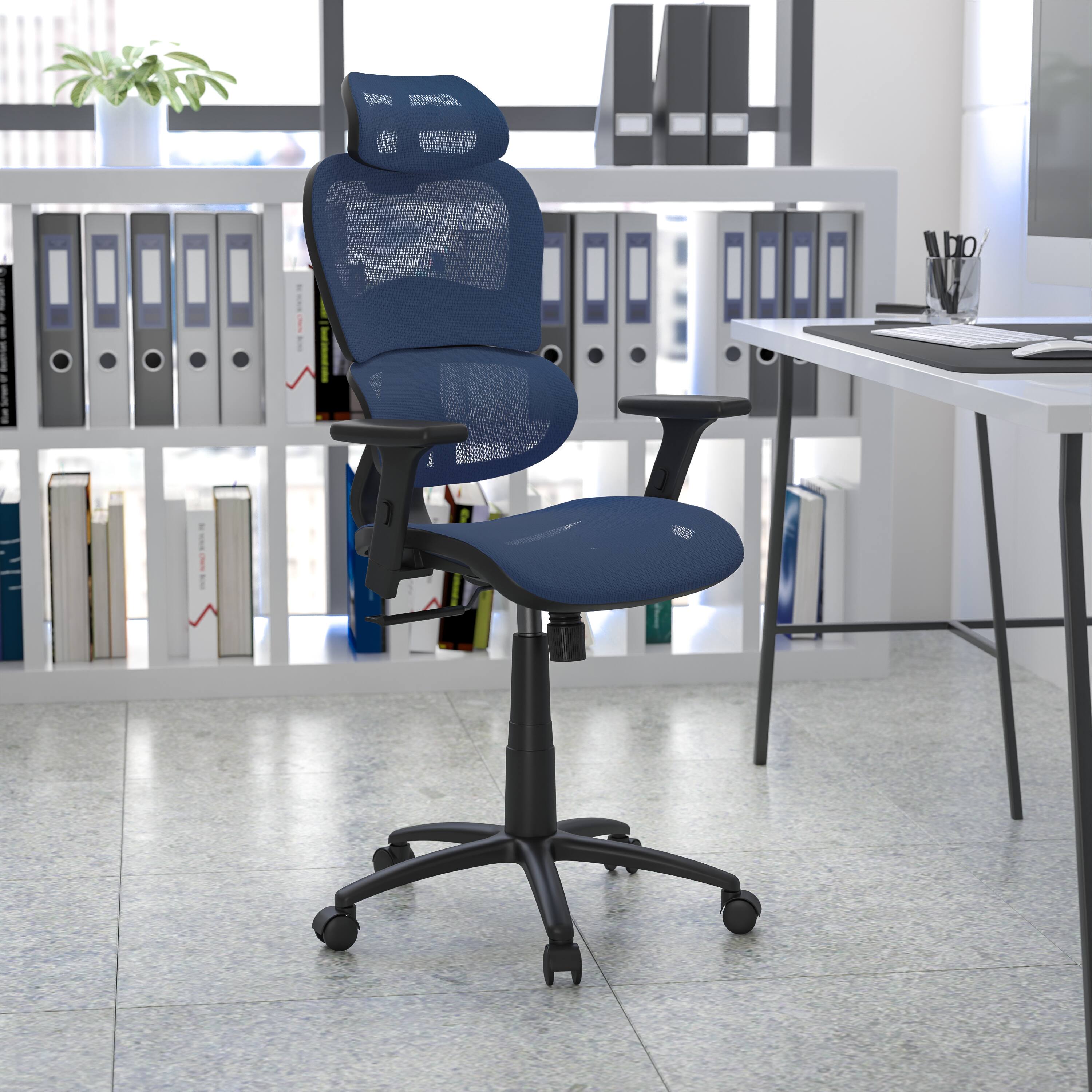 Alt View 1. Emma + Oliver - Ergonomic Mesh Office Chair-Synchro-Tilt, Headrest, Adjustable Pivot Arms - Blue.