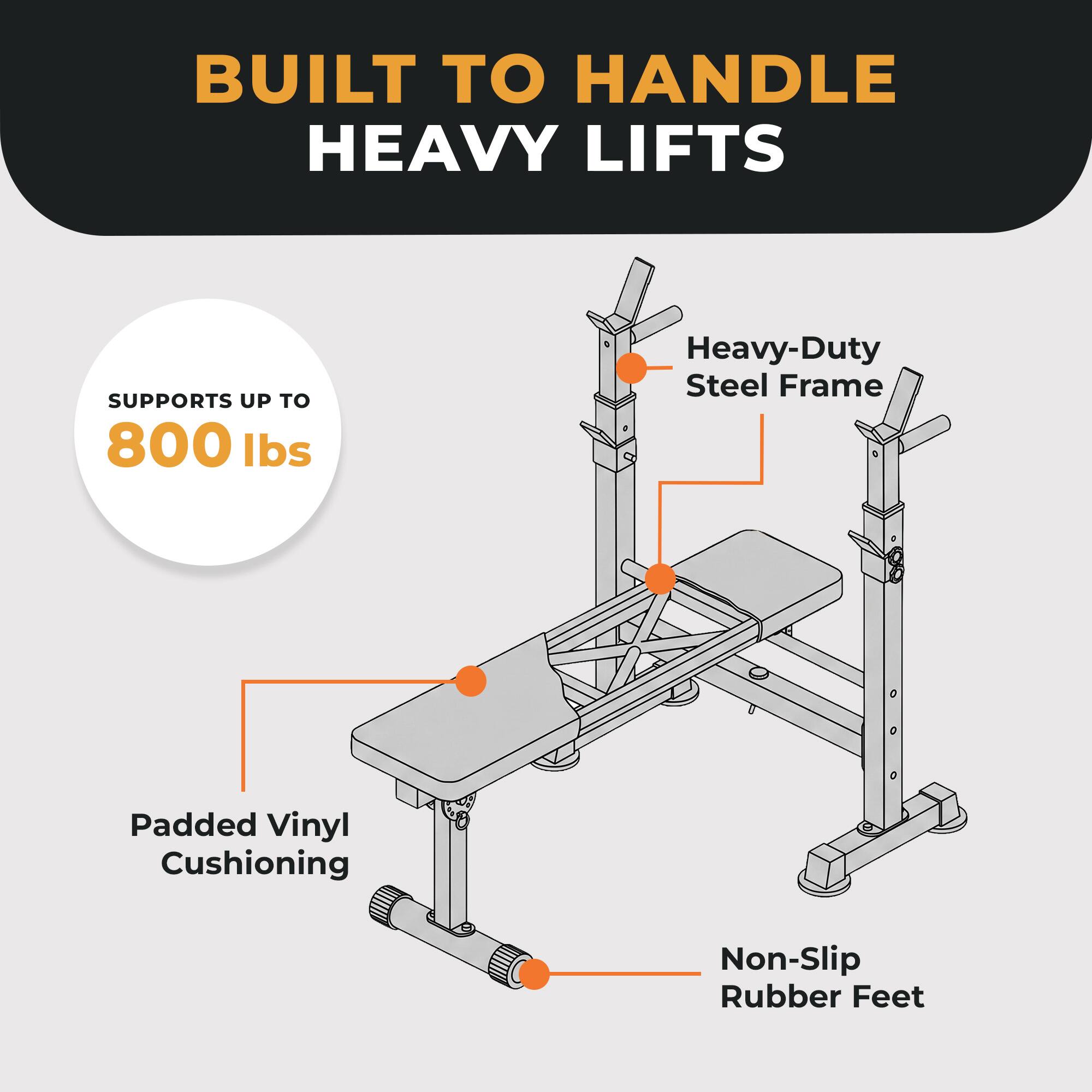 BUILT TO HANDLE HEAVY LIFTS  
SUPPORTS UP TO 800 lbs  
Heavy-Duty Steel Frame  
Padded Vinyl Cushioning  
Non-Slip Rubber Feet