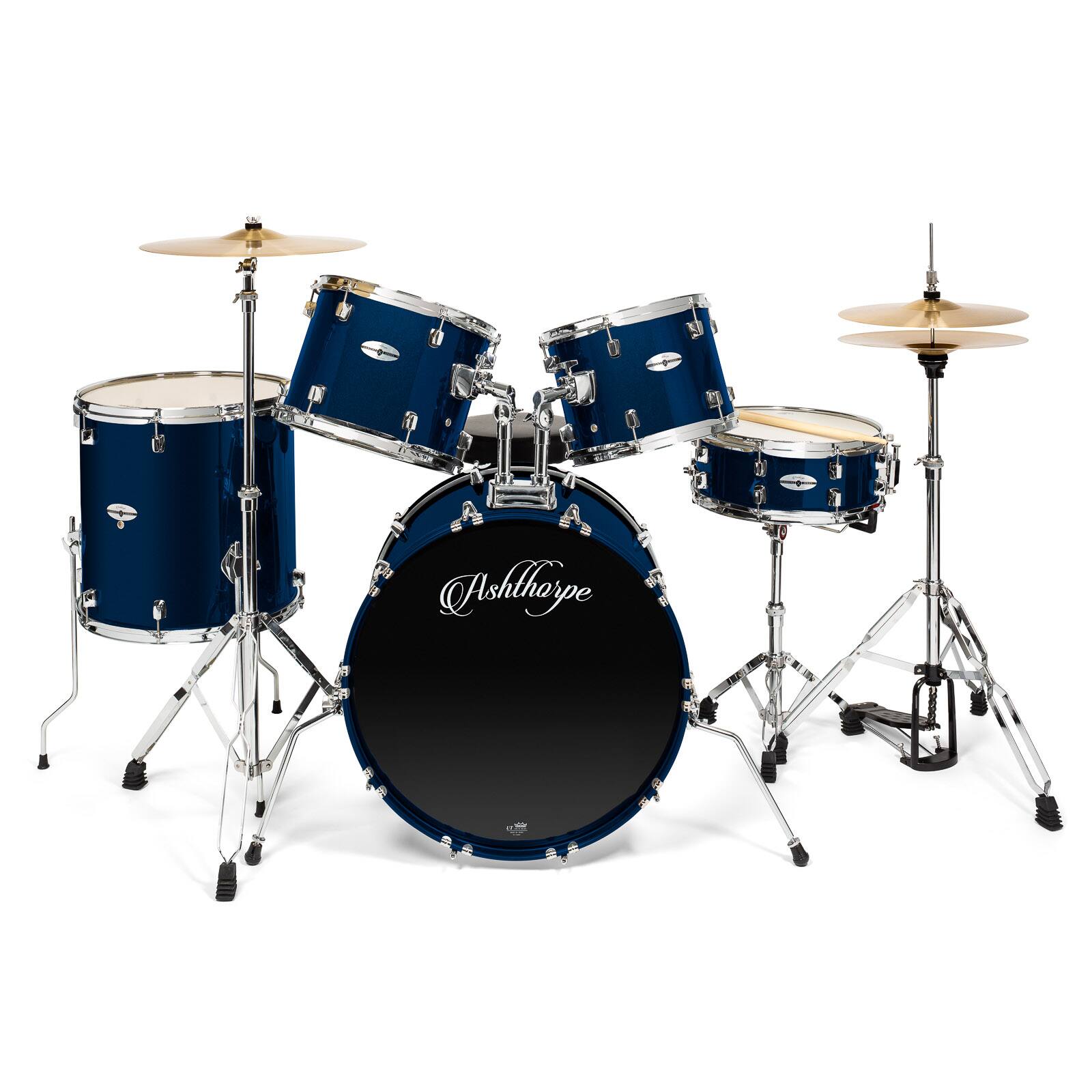 Alt View 1. Ashthorpe - Adult Drum Set with Remo Heads and Brass Cymbals (Set of 5) - Blue.