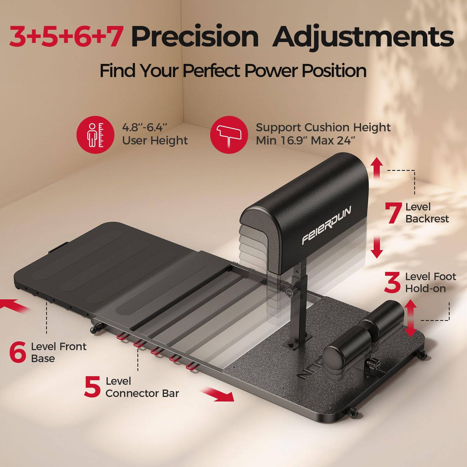 3+5+6+7 Precision Adjustments  
Find Your Perfect Power Position  

4.8"-6.4" User Height  
Support Cushion Height Min 16.9" Max 24"  

7 Level Backrest  
3 Level Foot Hold-on  
6 Level Front Base  
5 Level Connector Bar