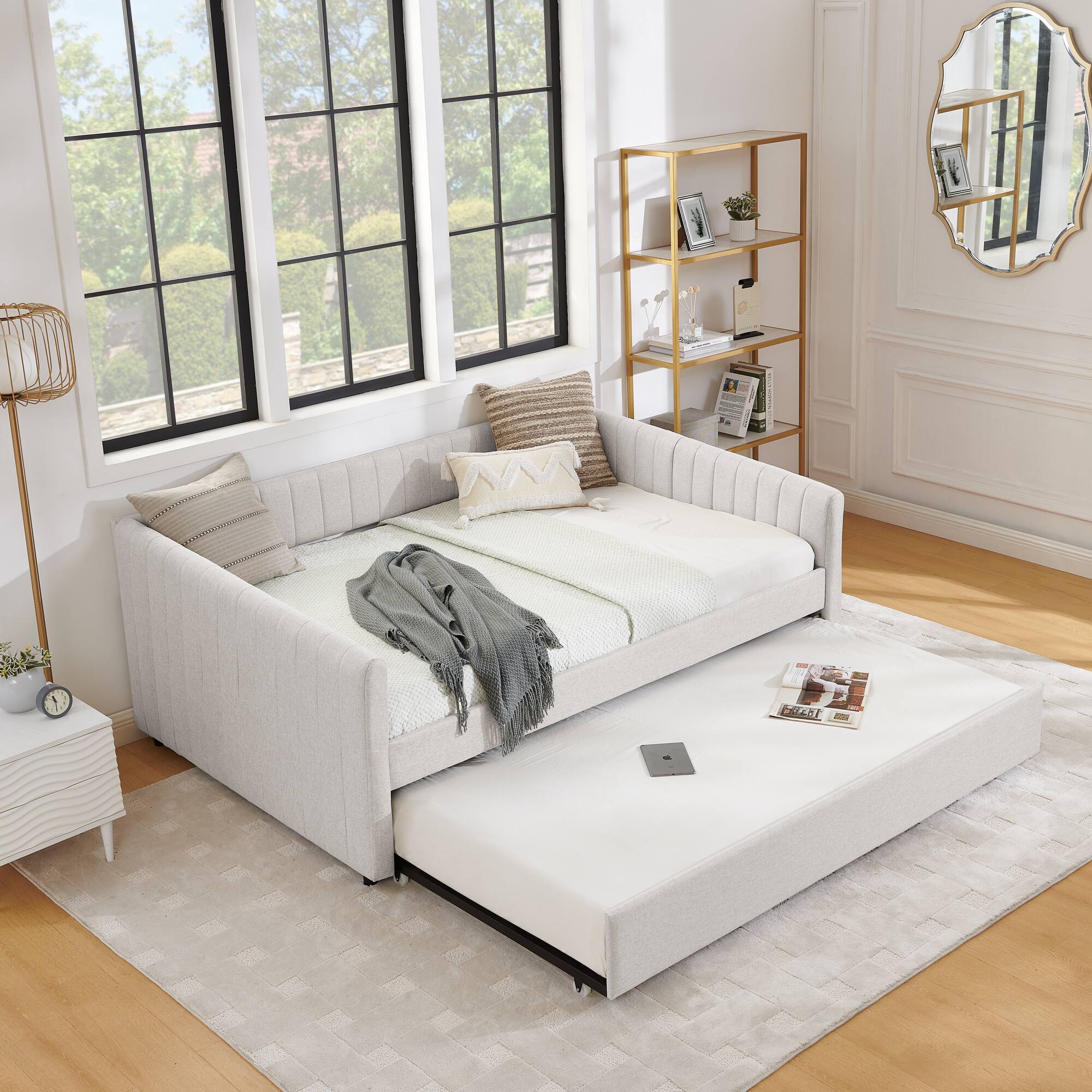 Left. Tiramisubest - Full Size Daybed with Trundle Upholstered Sofa Bed, with Vertical Stripes, Linen Fabric, Beige (82.5"x58"x30") - Beige.