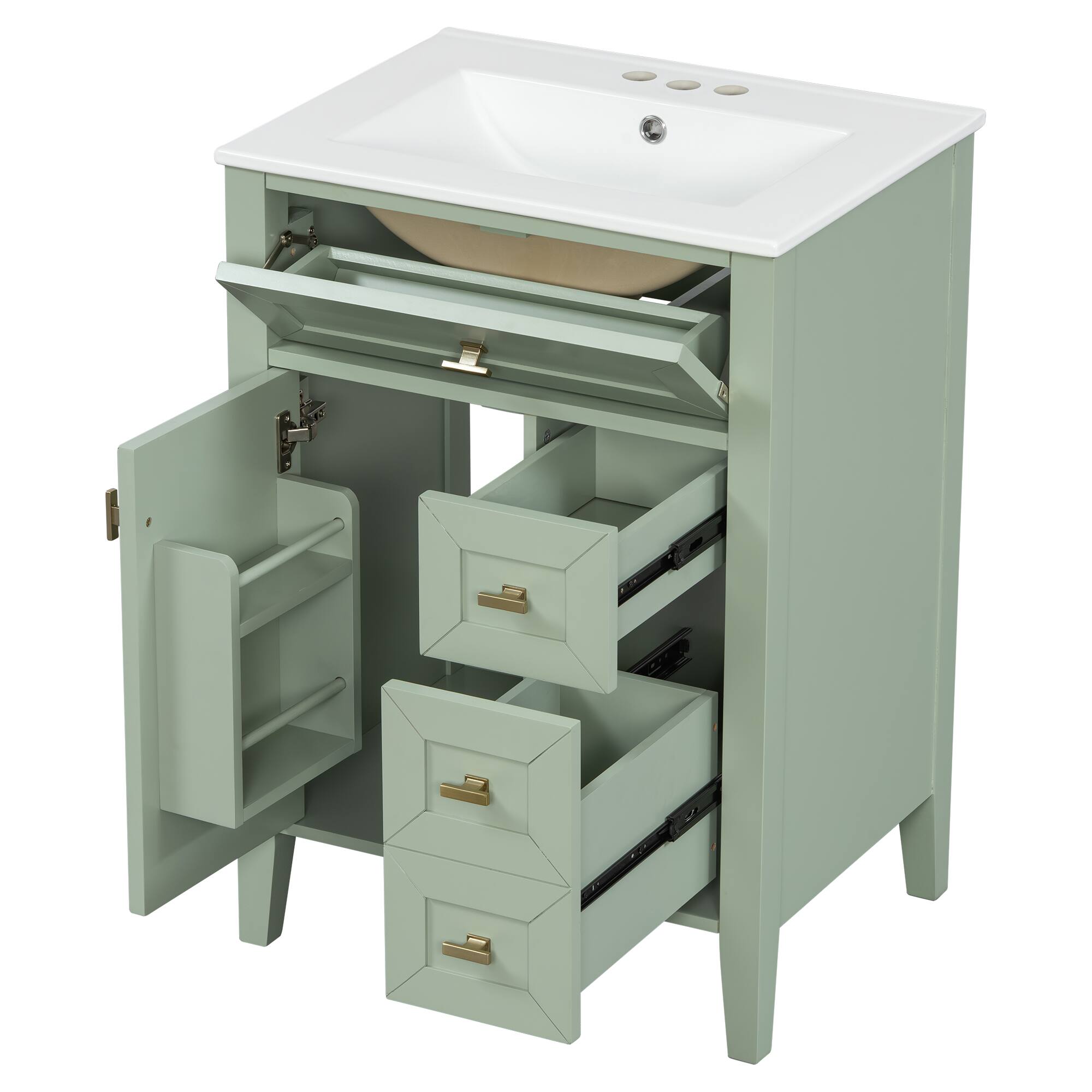 Alt View 1. Whisen - 24-Inch Freestanding Bathroom Vanity with Ceramic Sink, 3 Drawers & 2 Door Storage Rack - Green.