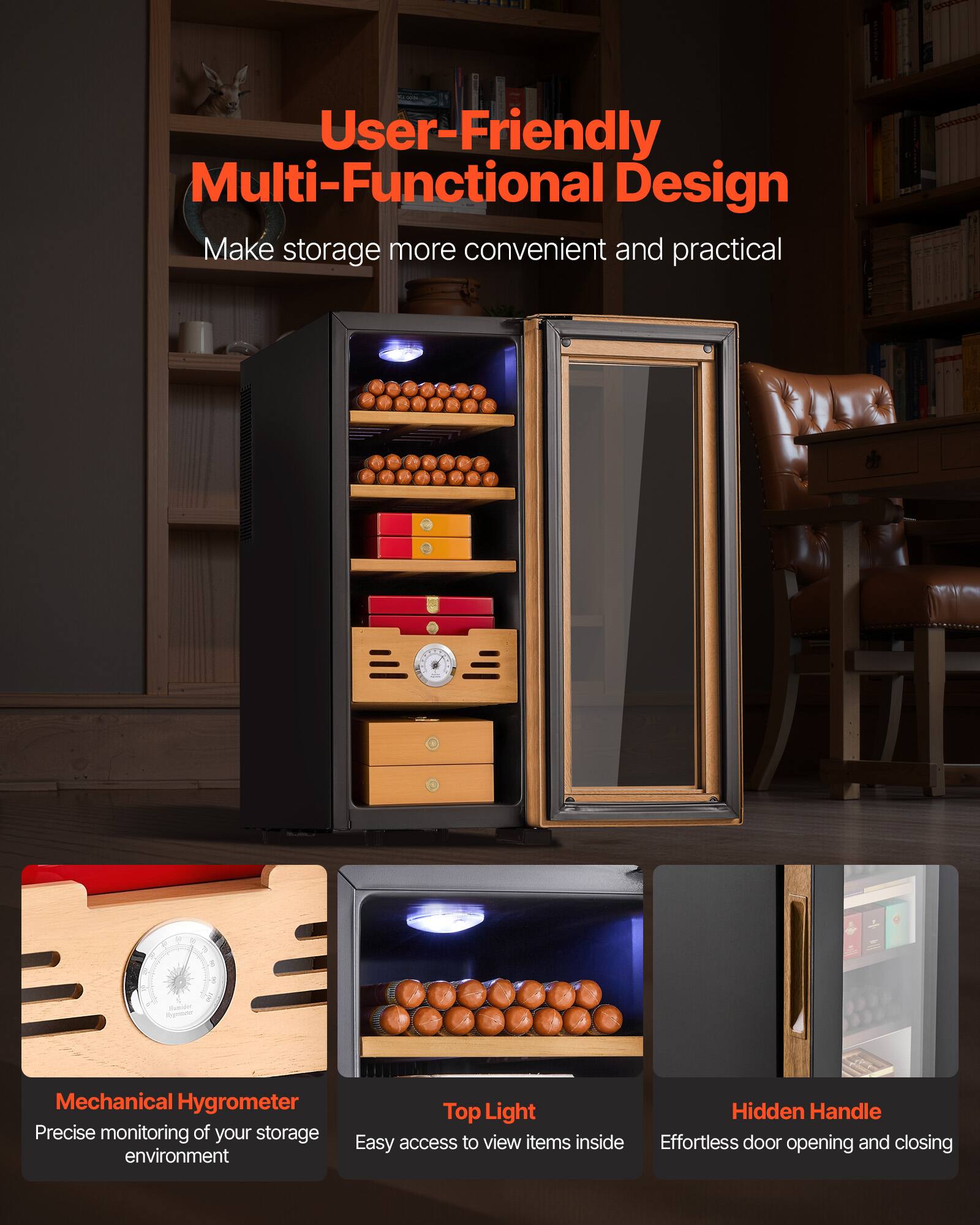 User-Friendly Multi-Functional Design  
Make storage more convenient and practical

- Mechanical Hygrometer  
  Precise monitoring of your storage environment

- Top Light  
  Easy access to view items inside

- Hidden Handle  
  Effortless door opening and closing