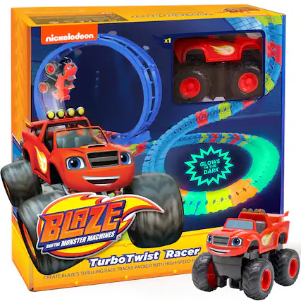 Sure, here is the corrected and grouped text from the image:
---
**Nickelodeon**
**Blaze and the Monster Machines**
**TurboTwist Racer**
**Create Blaze's Thrilling Race Tracks Packed with High-Speed Fun!**
**GLOWS IN THE DARK**
**x1**
---
This text is organized to reflect the information and layout on the packaging.