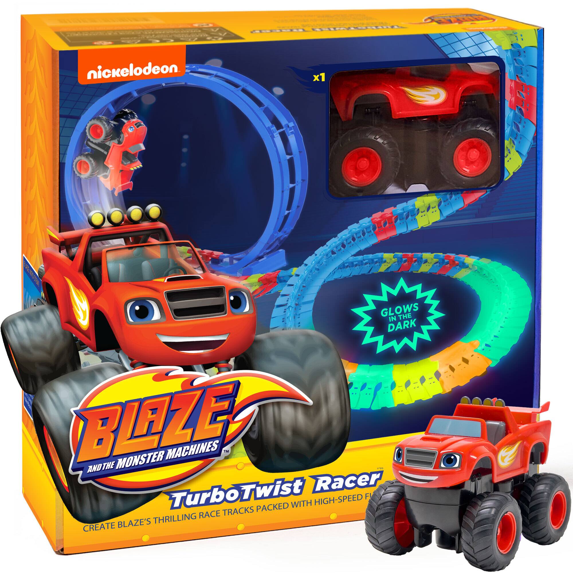 Sure, here is the corrected and grouped text from the image:

---

**Nickelodeon**

**Blaze and the Monster Machines**

**TurboTwist Racer**

**Create Blaze's Thrilling Race Tracks Packed with High-Speed Fun!**

**GLOWS IN THE DARK**

**x1**

---

This text is organized to reflect the information and layout on the packaging.