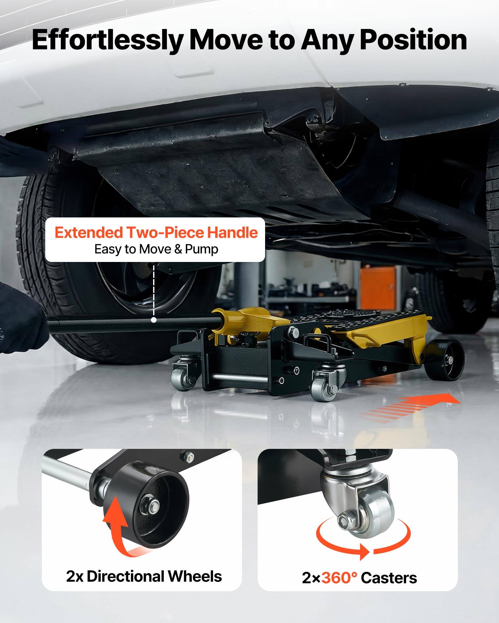 Effortlessly Move to Any Position

Extended Two-Piece Handle
Easy to Move & Pump

2x Directional Wheels
2x360° Casters
