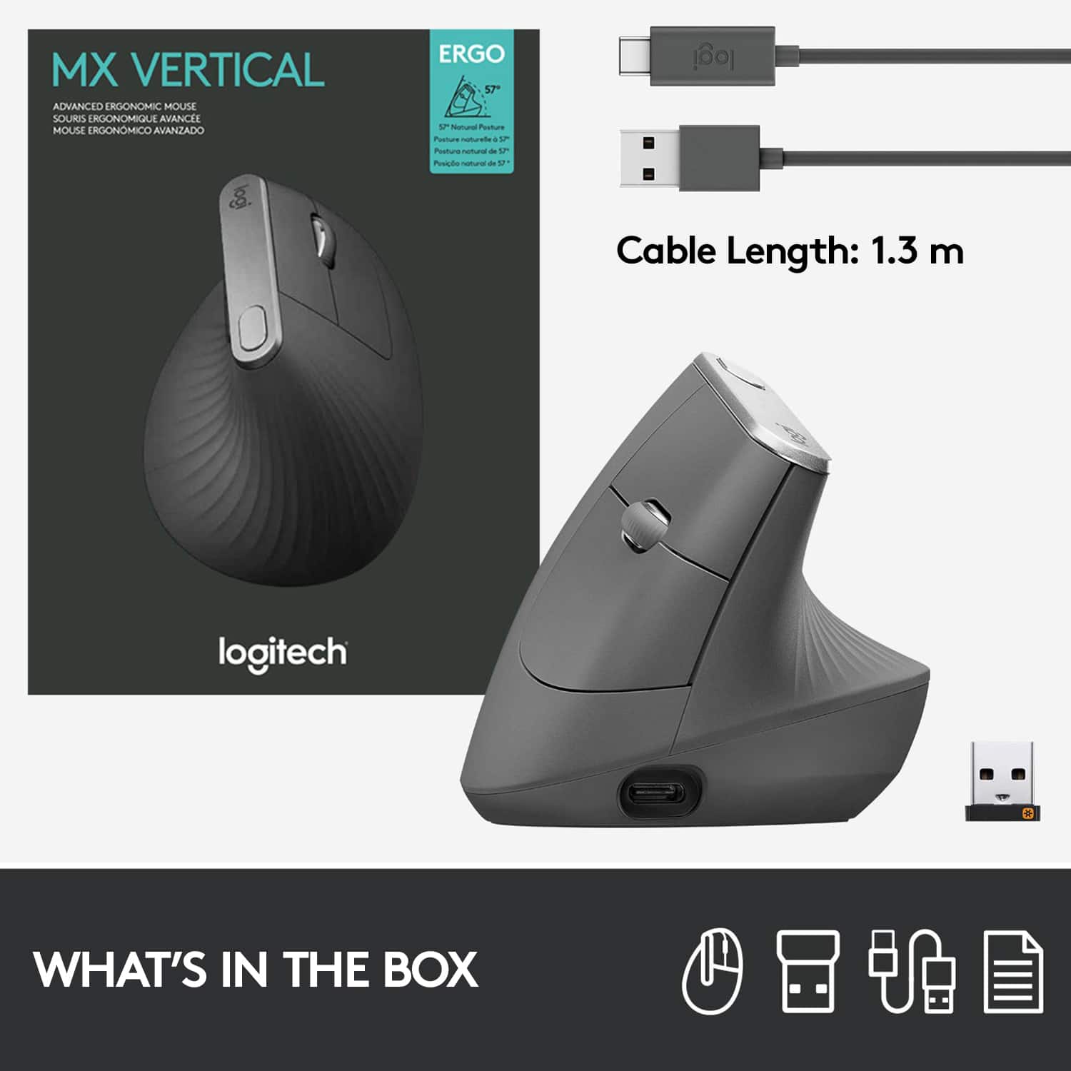 MX Vertical Advanced Ergonomic Mouse Logitech Cable Length: 1.3 m