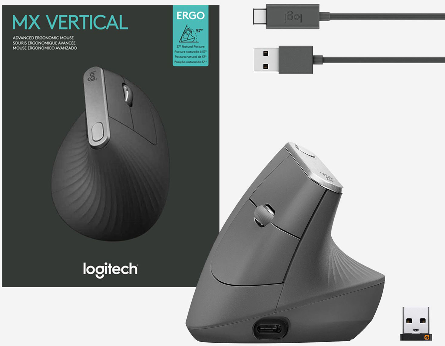 Logitech MX Vertical 4000DPI USB-C / Type-C + Unifying + Bluetooth Ratón  óptico vertical inalámbrico