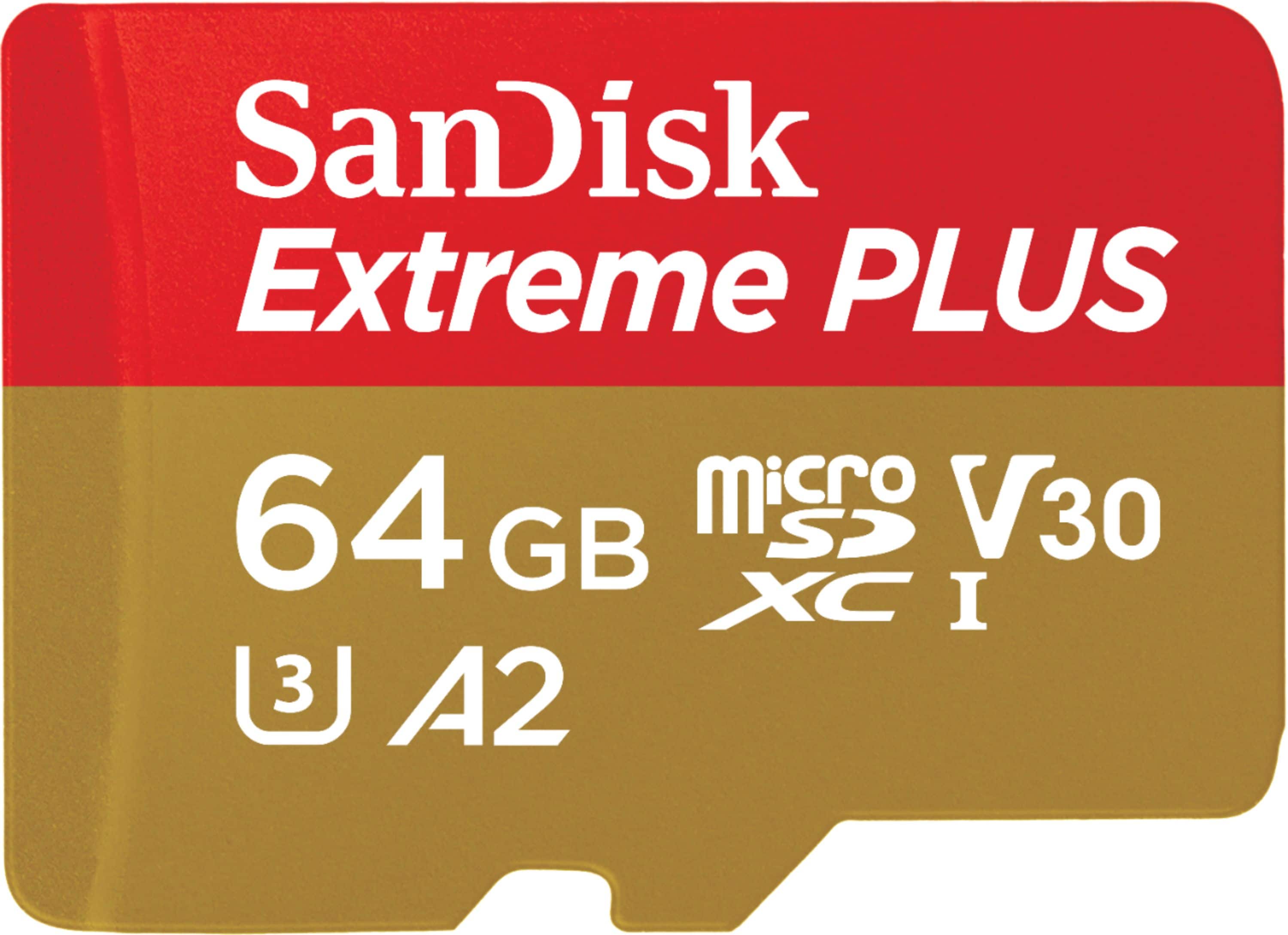 Front. SanDisk - Extreme PLUS 64GB microSDXC UHS-I Memory Card - Gold/Red.