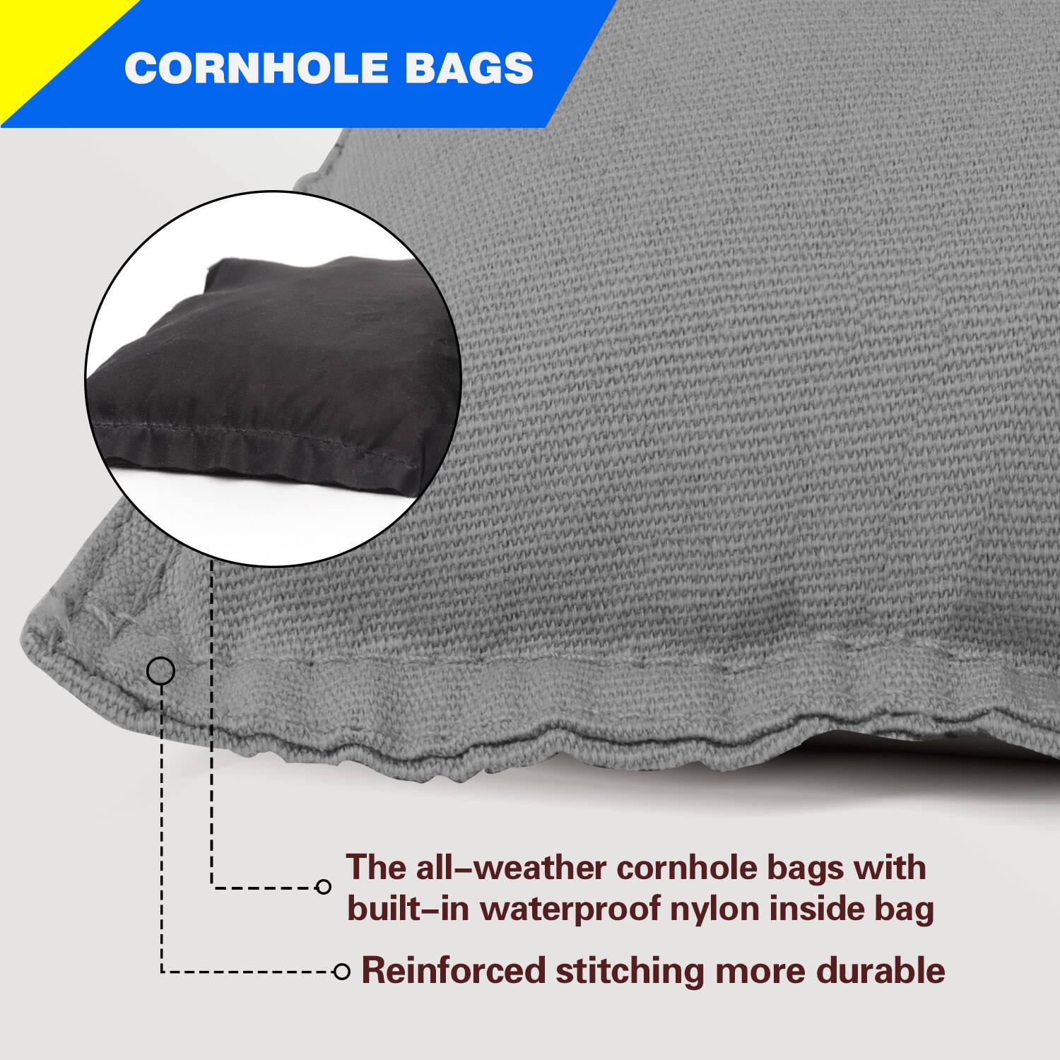 CORNHOLE BAGS

The all-weather cornhole bags with built-in waterproof nylon inside bag

Reinforced stitching more durable