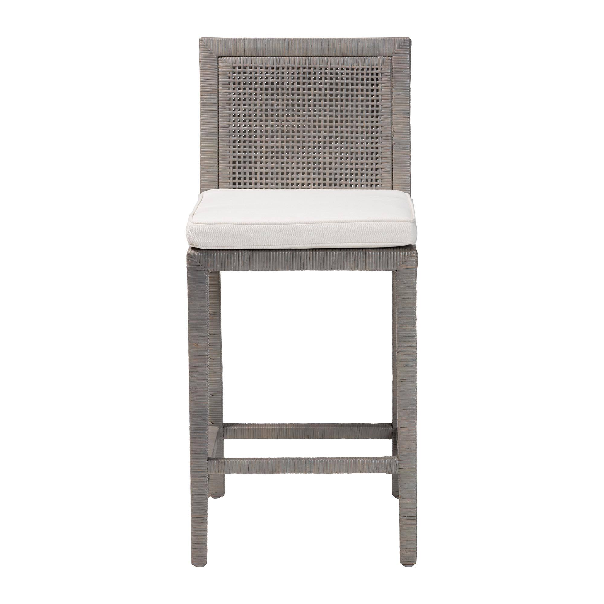 Angle. bali & pari - Sofia Rattan Counter Stool with Mahogany Wood Frame - Handwoven Wicker Counter Height Chair with Cushion - French Grey.