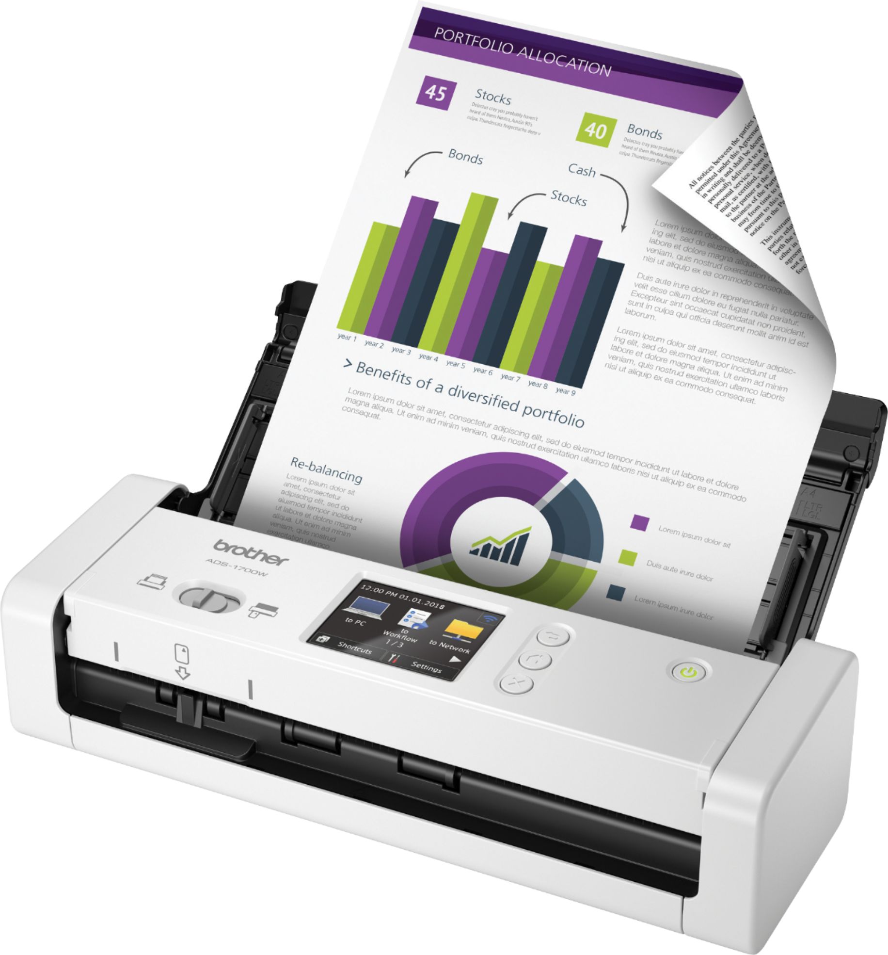 Left View: Brother - ADS-1700W Wireless Desktop Document Scanner with Touchscreen LCD - White