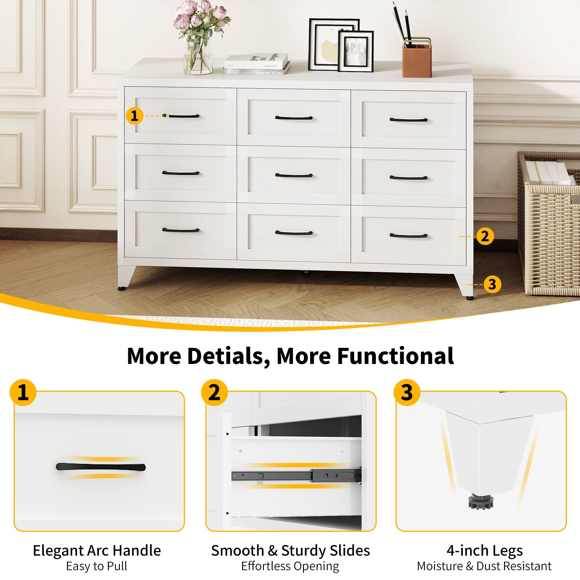 - E - : 1 2 3 1 More Details, More Functional 2 3 Elegant Arc Handle Easy to Pull Smooth & Sturdy Slides Effortless Opening 4-inch Legs Moisture & Dust Resistant